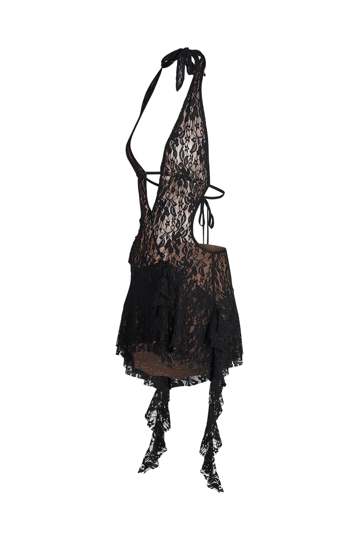 The IRISIA LACE DRESS - BLACK by I.AM.GIA is a stunning halter neck dress that features an open back, sheer lace material, and an asymmetrical ruffled hem. It ties around the neck and mid-back with thin straps, showcasing intricately detailed fabric that embodies elegance and style.