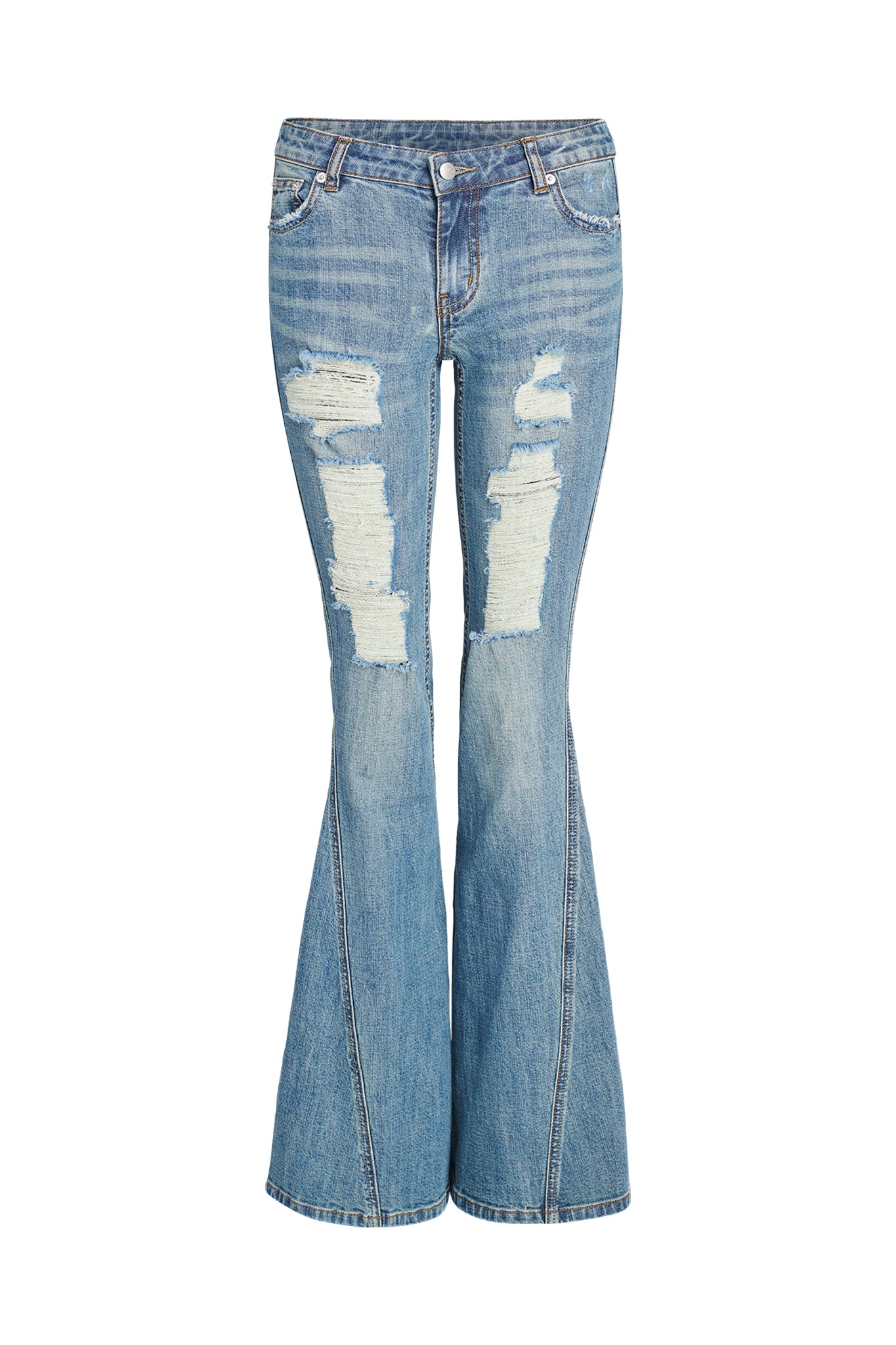 Introducing the MYLEE JEAN - BLUE : DENIM BLUE by I.AM.GIA, a pair of flared jeans featuring distressed detailing. These high-waisted jeans showcase noticeable rips and fraying on the thighs and knees, with lighter washed areas that provide a worn-in look. Complete with a button closure for added style and comfort.