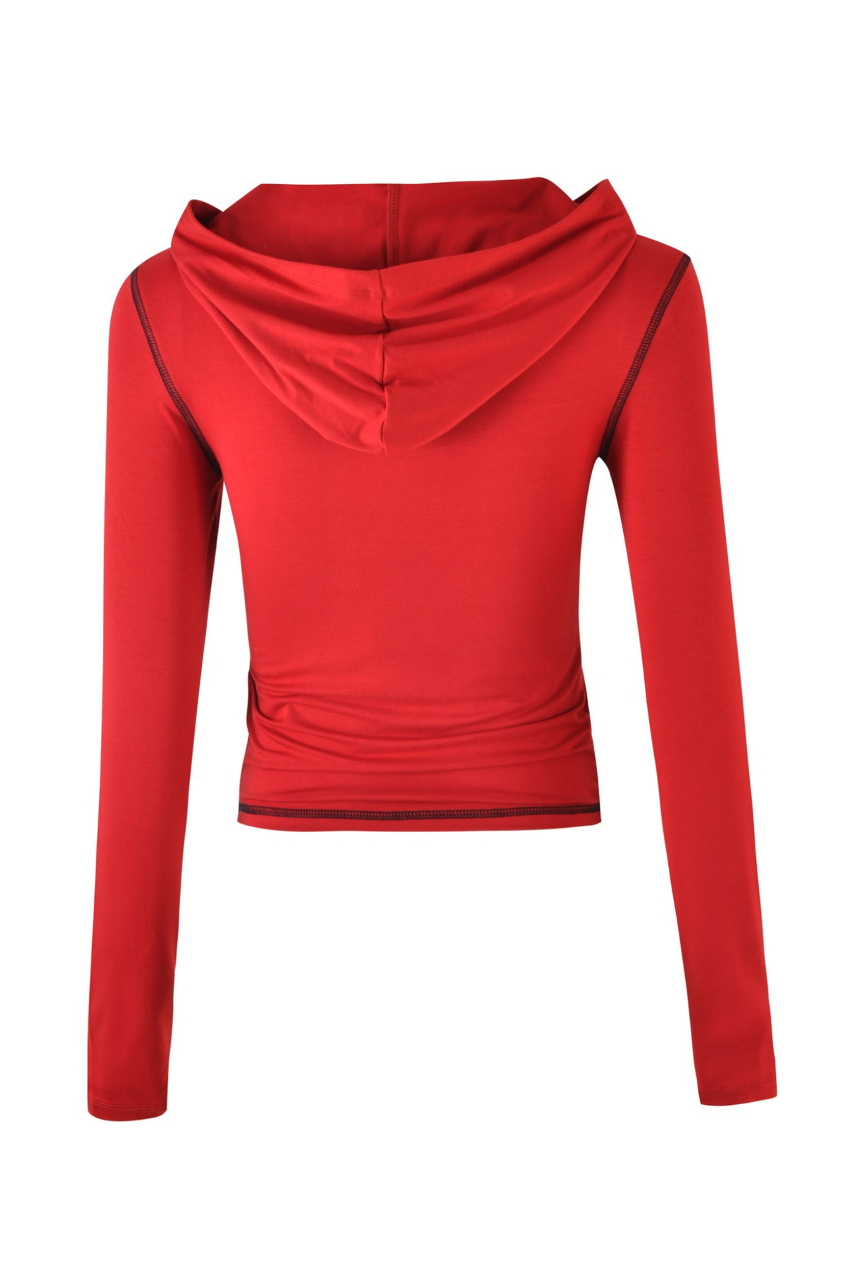 A back view of the I.AM.GIA BLARE HOODIE - RED, a long-sleeve, bright red cropped hoodie with black seam detailing, crafted from soft bamboo fabric and shown against a white background.
