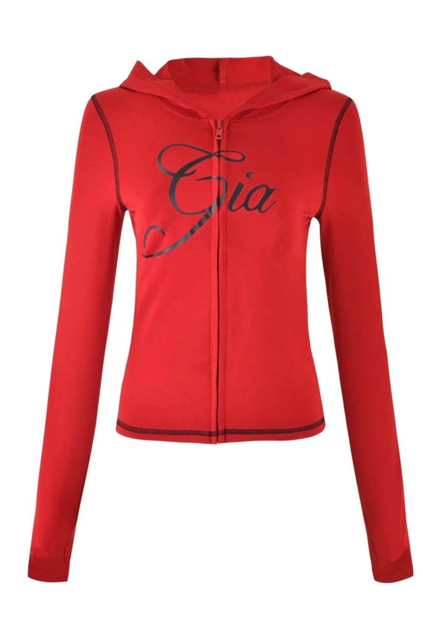 Introducing the BLARE HOODIE - RED by I.AM.GIA: this zip-up hoodie showcases a vibrant red hue with black stitching, a cozy hood, and long sleeves. The word “Gia” is elegantly scripted in cursive across the chest. Crafted from premium bamboo fabrication, it delivers everyday softness and sustainable style.