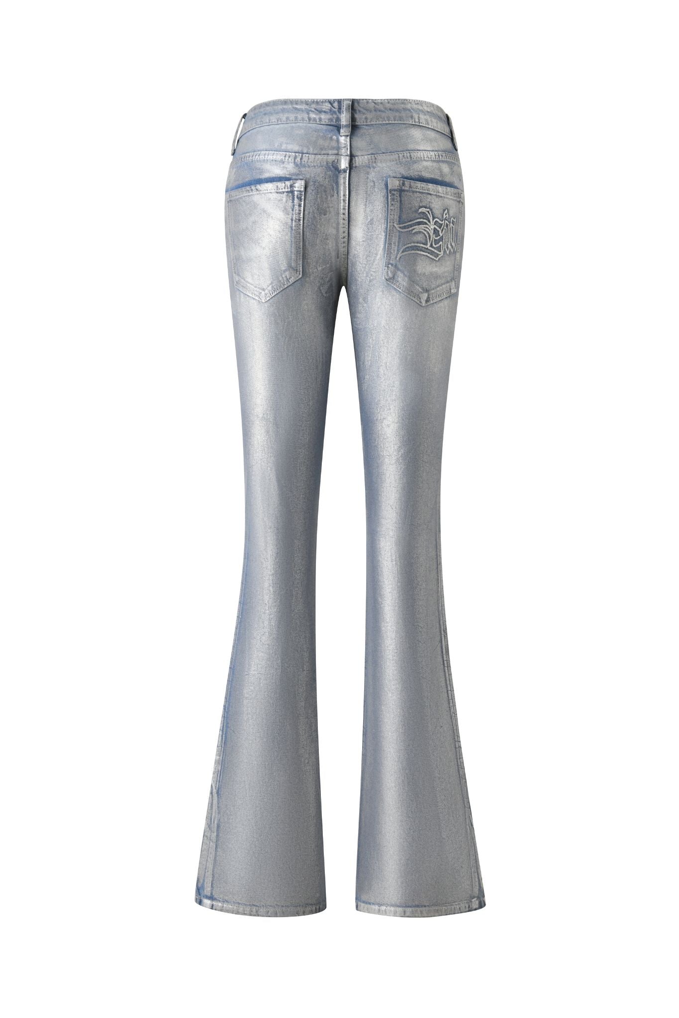 Back view of the RENATA JEAN - SILVER METALLIC WASH by I.AM.GIA in a light blue metallic wash, featuring a mid-rise fit, subtle fading, two back pockets, and decorative stitching on the right pocket.
