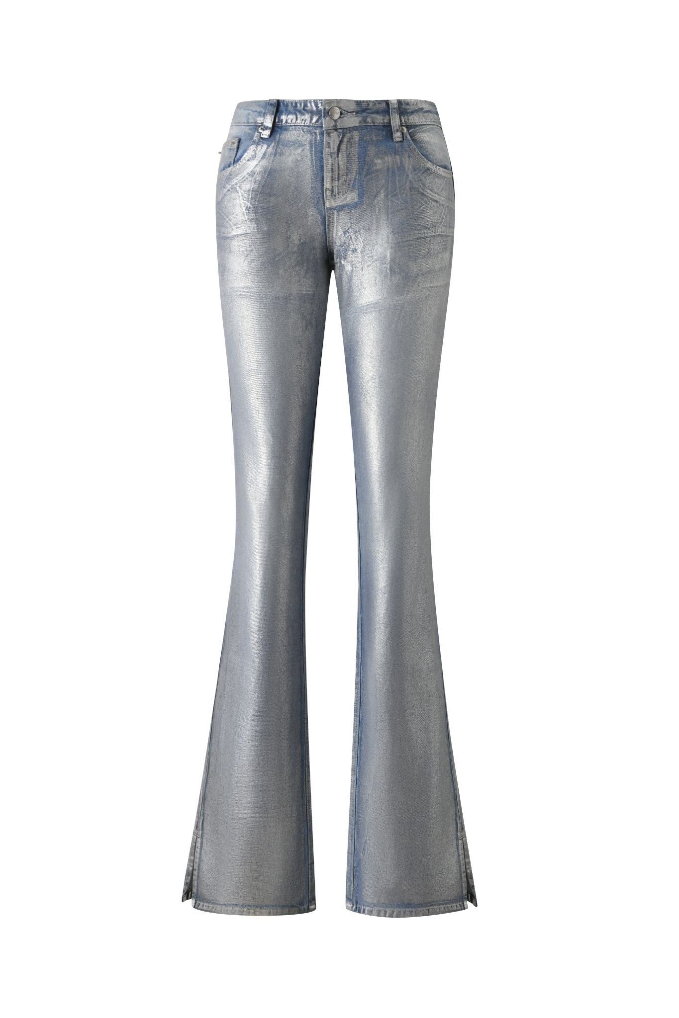 The RENATA JEAN - SILVER METALLIC WASH by I.AM.GIA showcases a high-waisted, flared silhouette in a striking metallic silver finish, complete with front and back pockets, belt loops, and visible seams, all presented against a white background.