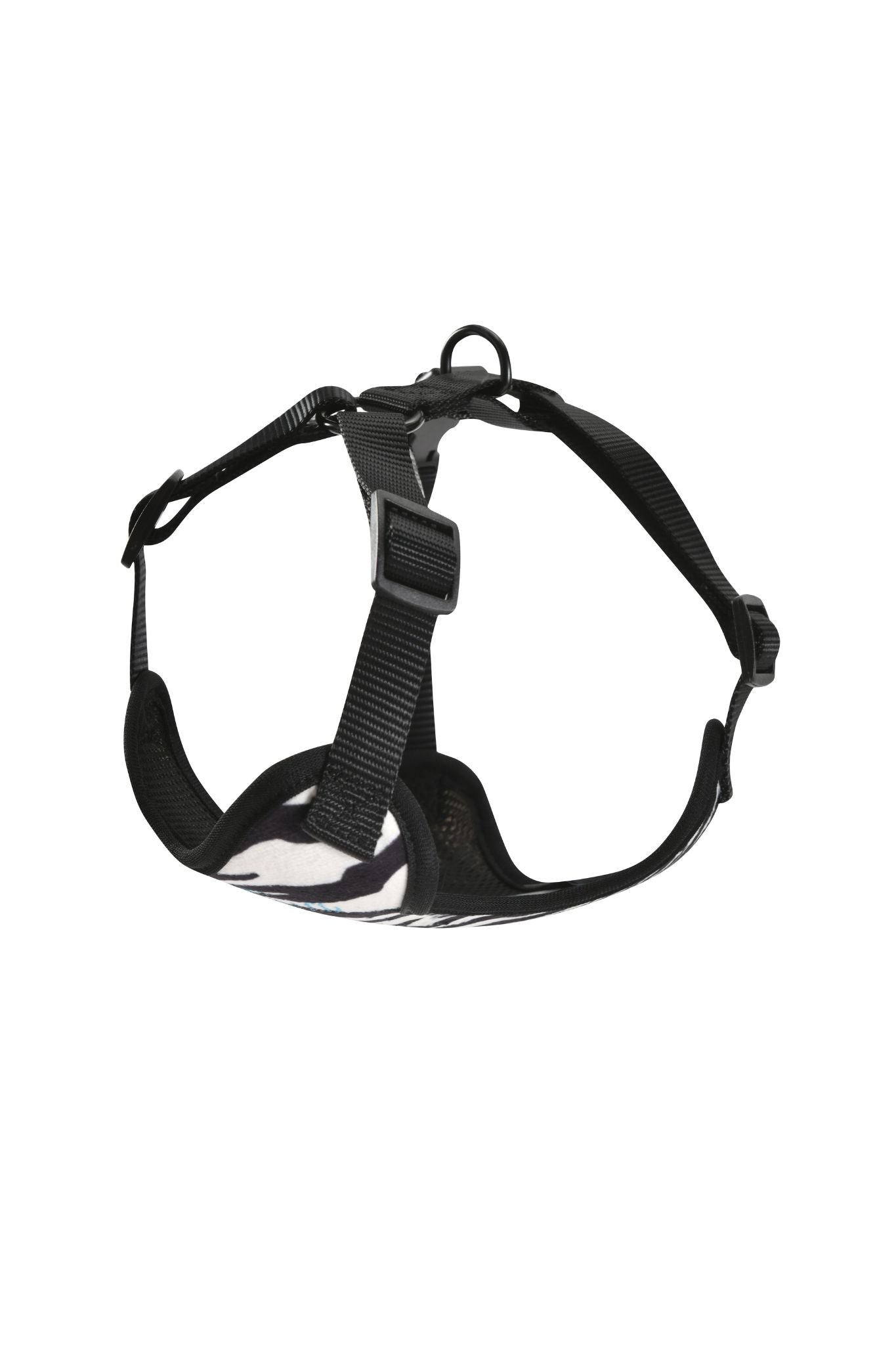 Introducing the STAR PAWFECT 3-PIECE SET - FINE LINE ZEBRA by I.AM.GIA: this chic black adjustable pet harness features padded chest support, a secure plastic buckle, and a sturdy metal ring for leash attachment—combining comfort and style to keep your furry friend both safe and fashionable.