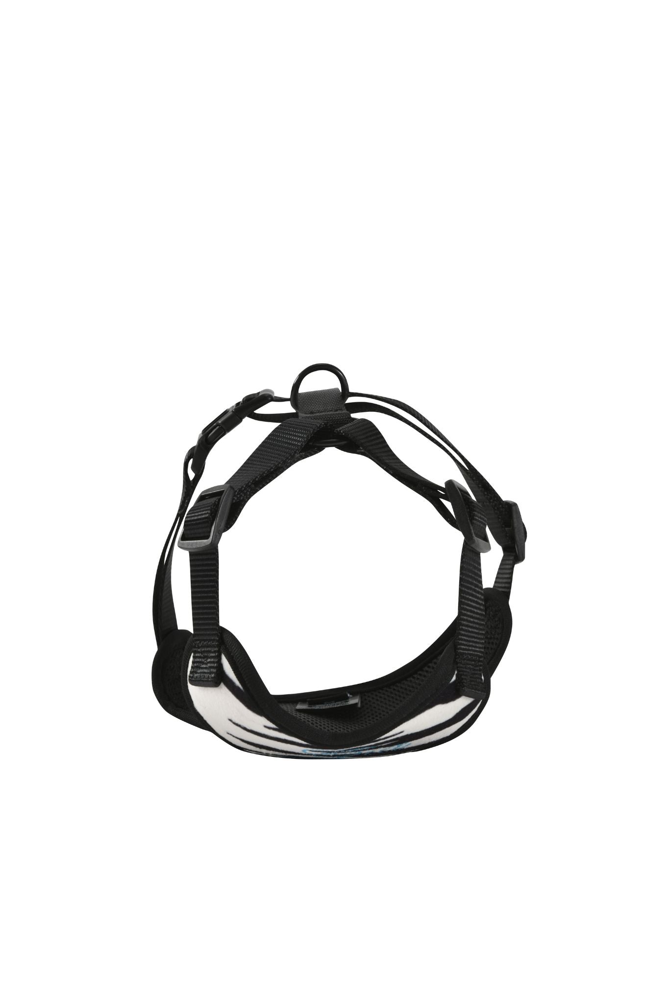 STAR PAWFECT 3-PIECE SET - FINE LINE ZEBRA by I.AM.GIA, featuring a black and white adjustable pet harness with buckles and straps, displayed from the front against a plain white background.