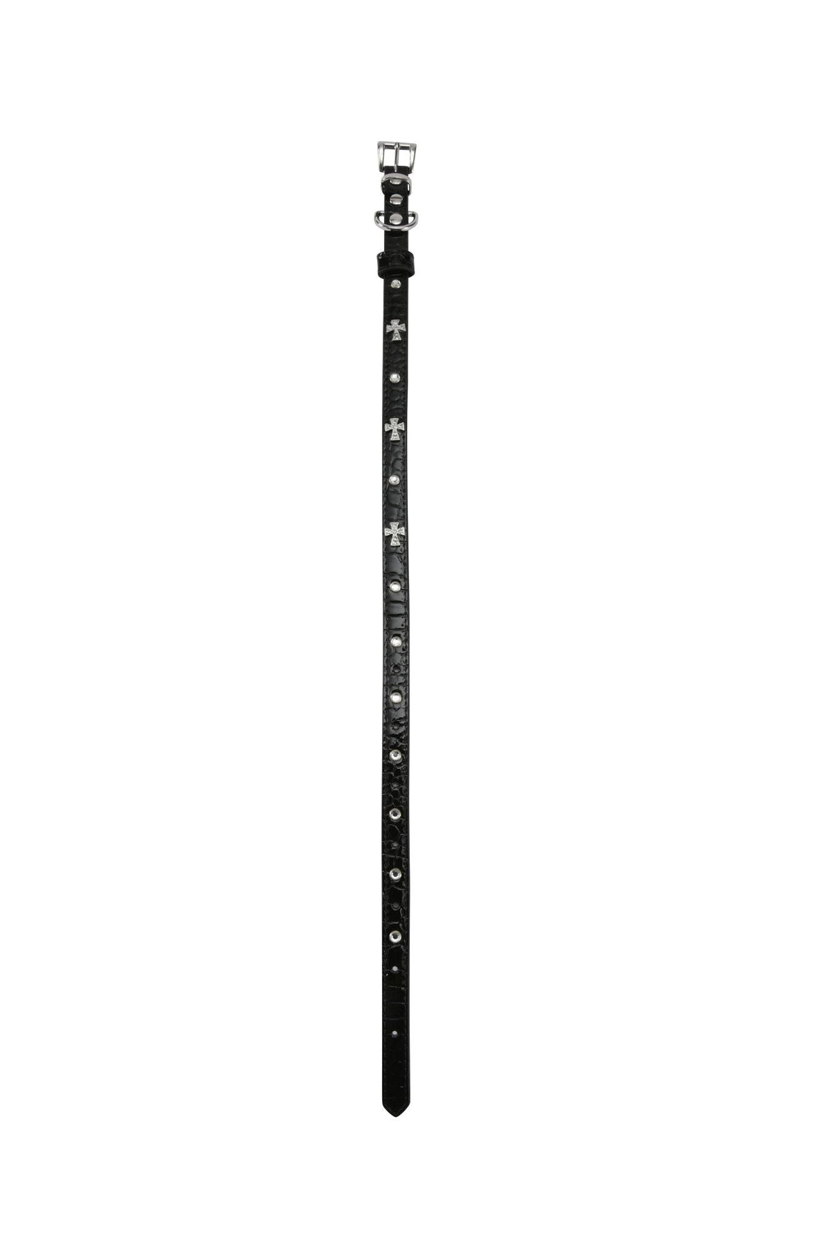 The STAR PET COLLAR - BLACK by I.AM.GIA is a black faux leather pet collar, adjustable and adorned with decorative silver star studs and rhinestone cross charms, featuring a sleek silver buckle—displayed on a white background.