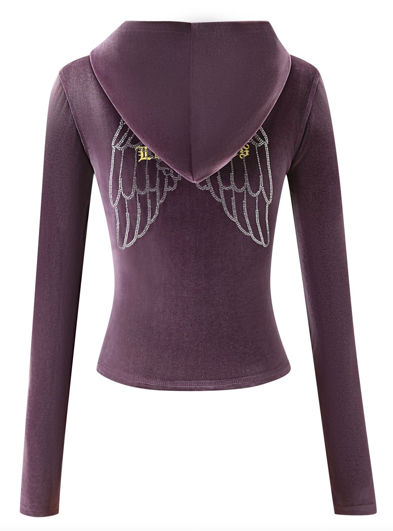 The BLARE VELOUR POCKET HOODIE by I.AM.GIA in deep purple features fitted long sleeves, sparkling diamanté angel wings and gold text on the back beneath the hood, plus a subtle GIA script logo detail.