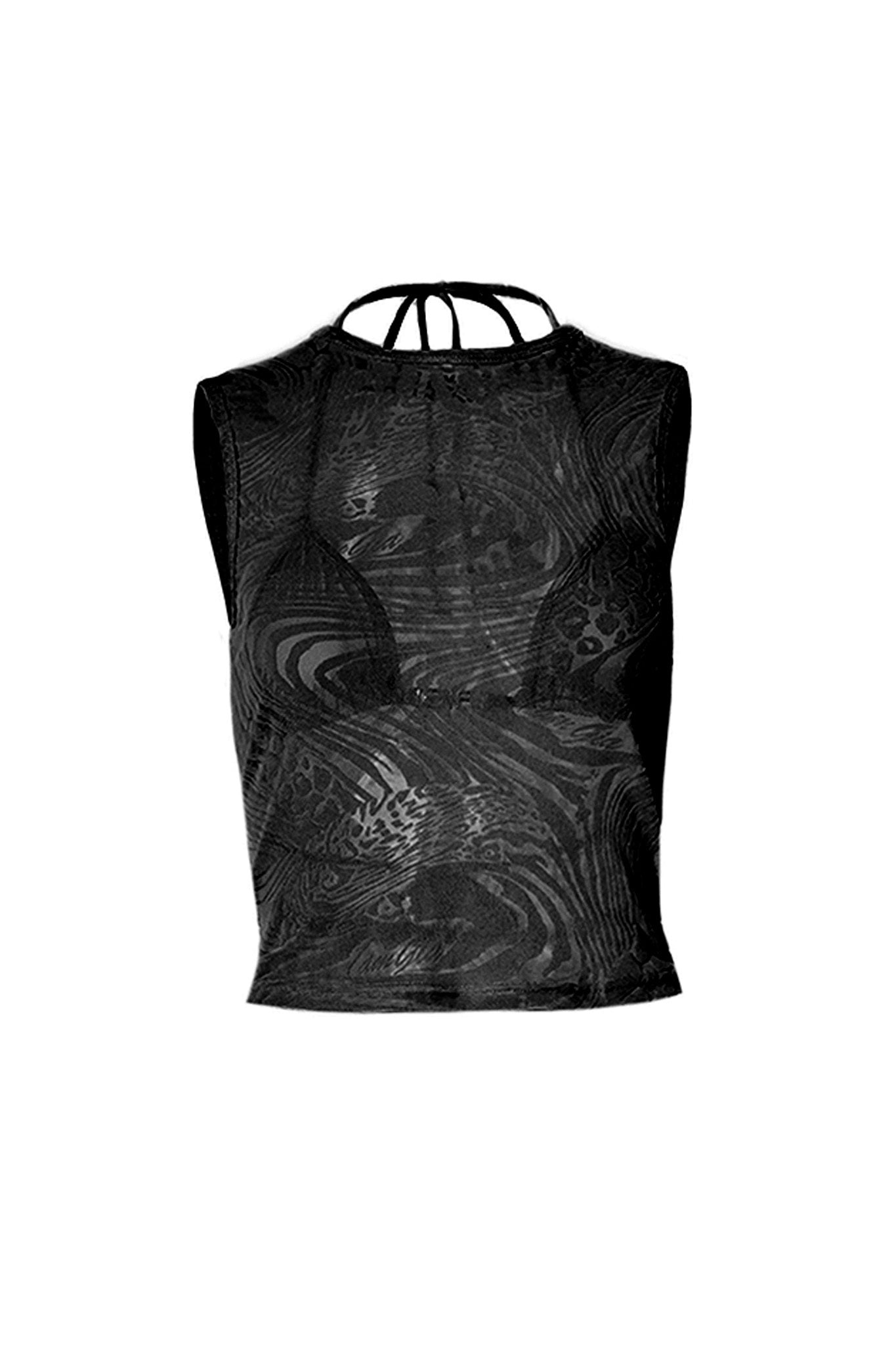 The AMINA TOP - BLACK BURNOUT by I.AM.GIA is a sleeveless black crop top that boasts a high neck and a striking cut-out back design. Its semi-sheer fabric with a wavy abstract pattern effortlessly combines edgy style with modern elegance.