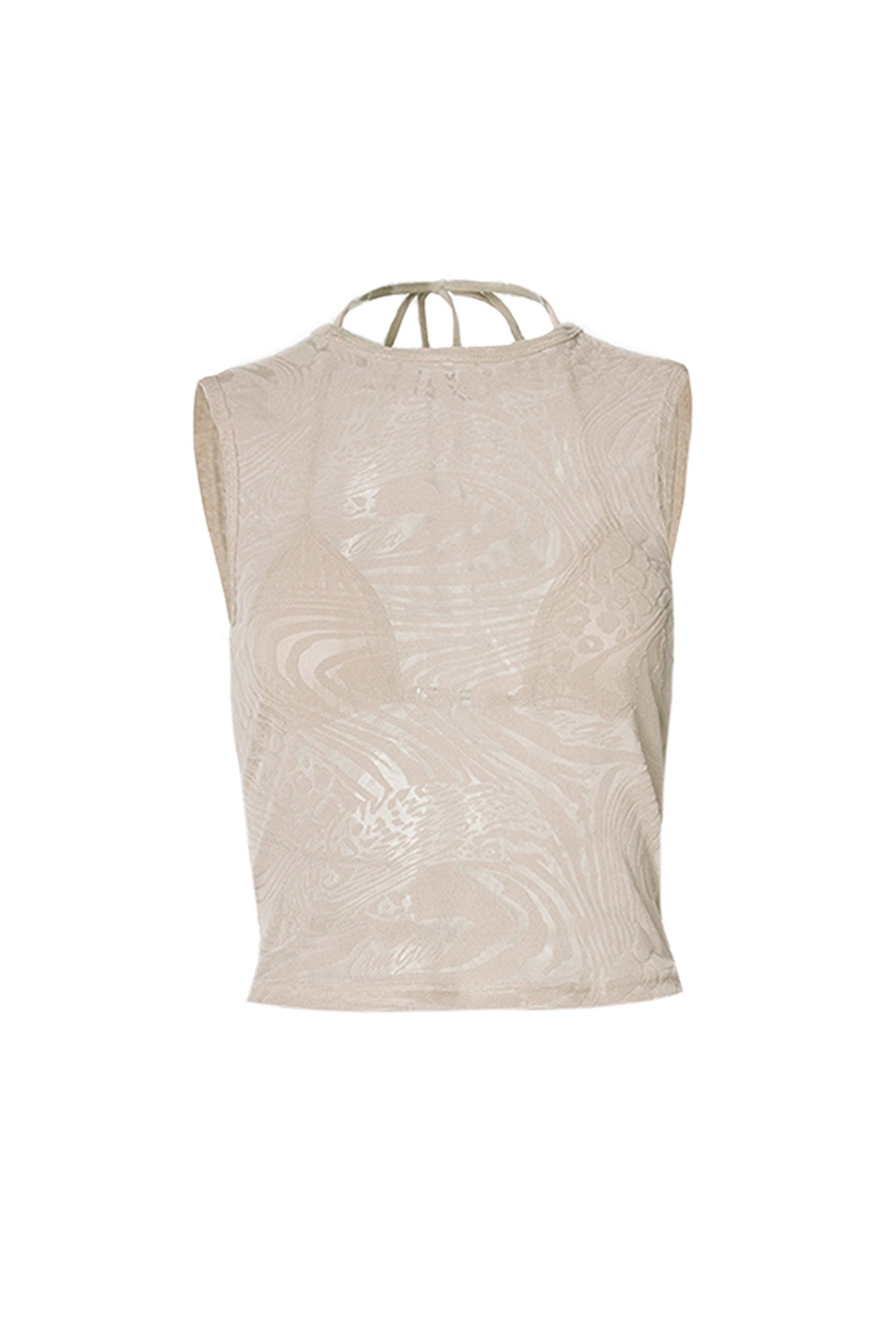 The AMINA TOP - TAN BURNOUT by I.AM.GIA is a beige sleeveless crop top adorned with subtle abstract patterns. It features a high neckline with thin straps that tie at the back, giving it an elegant, contemporary look thanks to its soft fabric and delicate design.