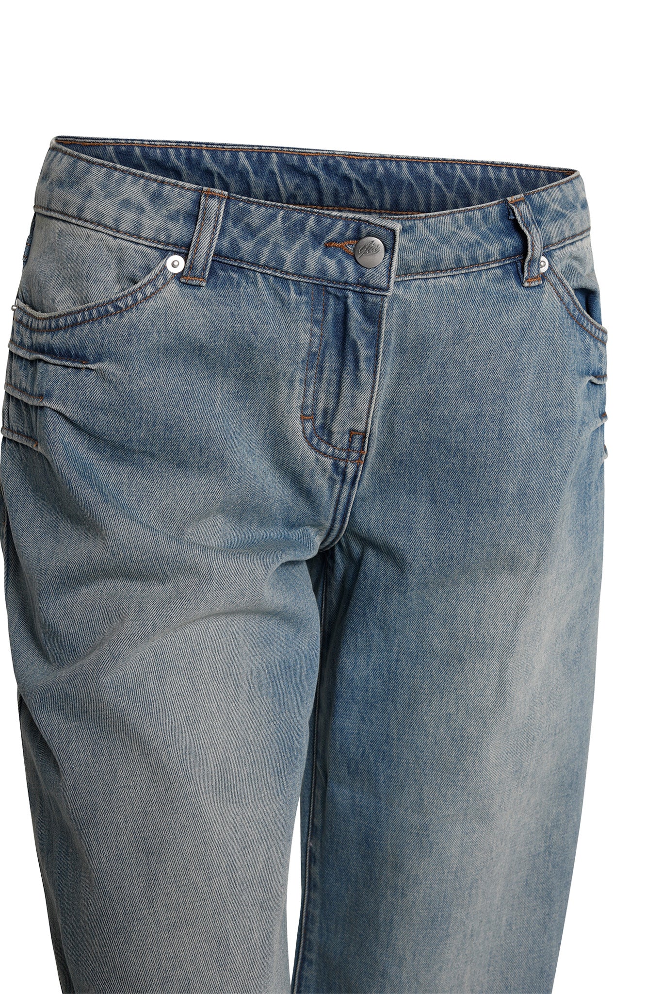 A close-up image of a pair of light blue DYLAN JEAN by I.AM.GIA. The jeans feature a button and zipper closure, belt loops, and two front pockets with metal rivets. The denim has a slightly faded and worn look, giving a casual and comfortable appearance.