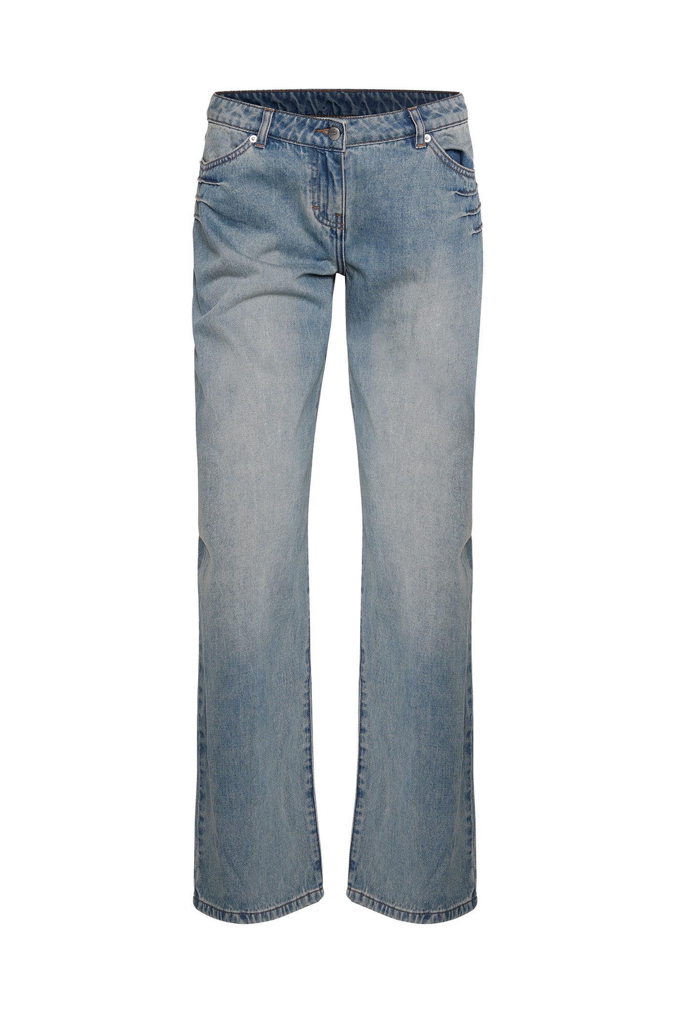 The DYLAN JEAN - BLUE by I.AM.GIA is a pair of light blue denim jeans with a subtle flare at the bottom. These jeans feature five pockets, a button-zipper closure, and visible white stitching on the seams and pockets. The fabric shows slight fading around the knees for a stylish touch.