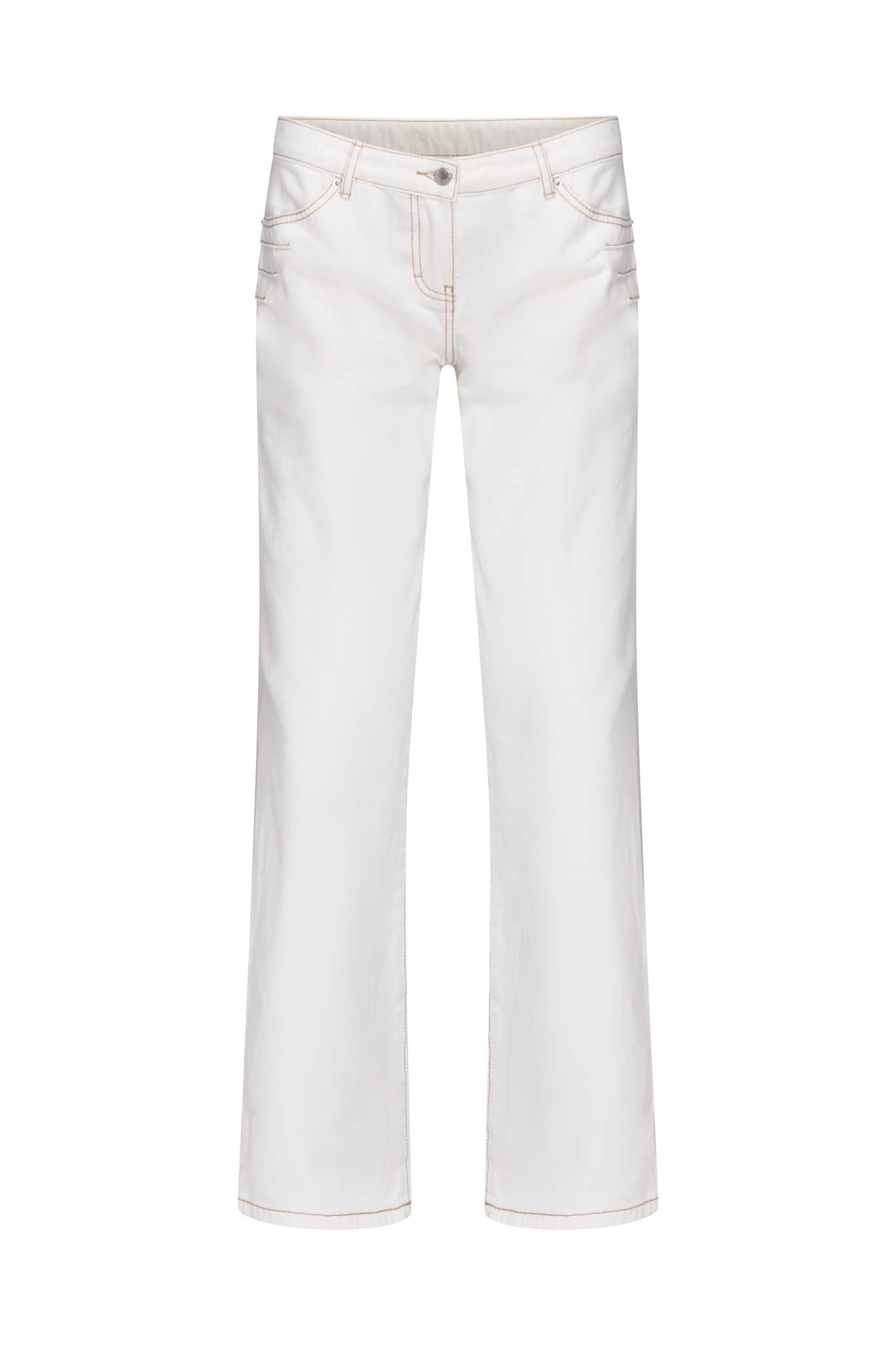 The Front-Facing DYLAN JEAN - WHITE by I.AM.GIA features a button and zip closure, front and back pockets, and beige stitching detail.
