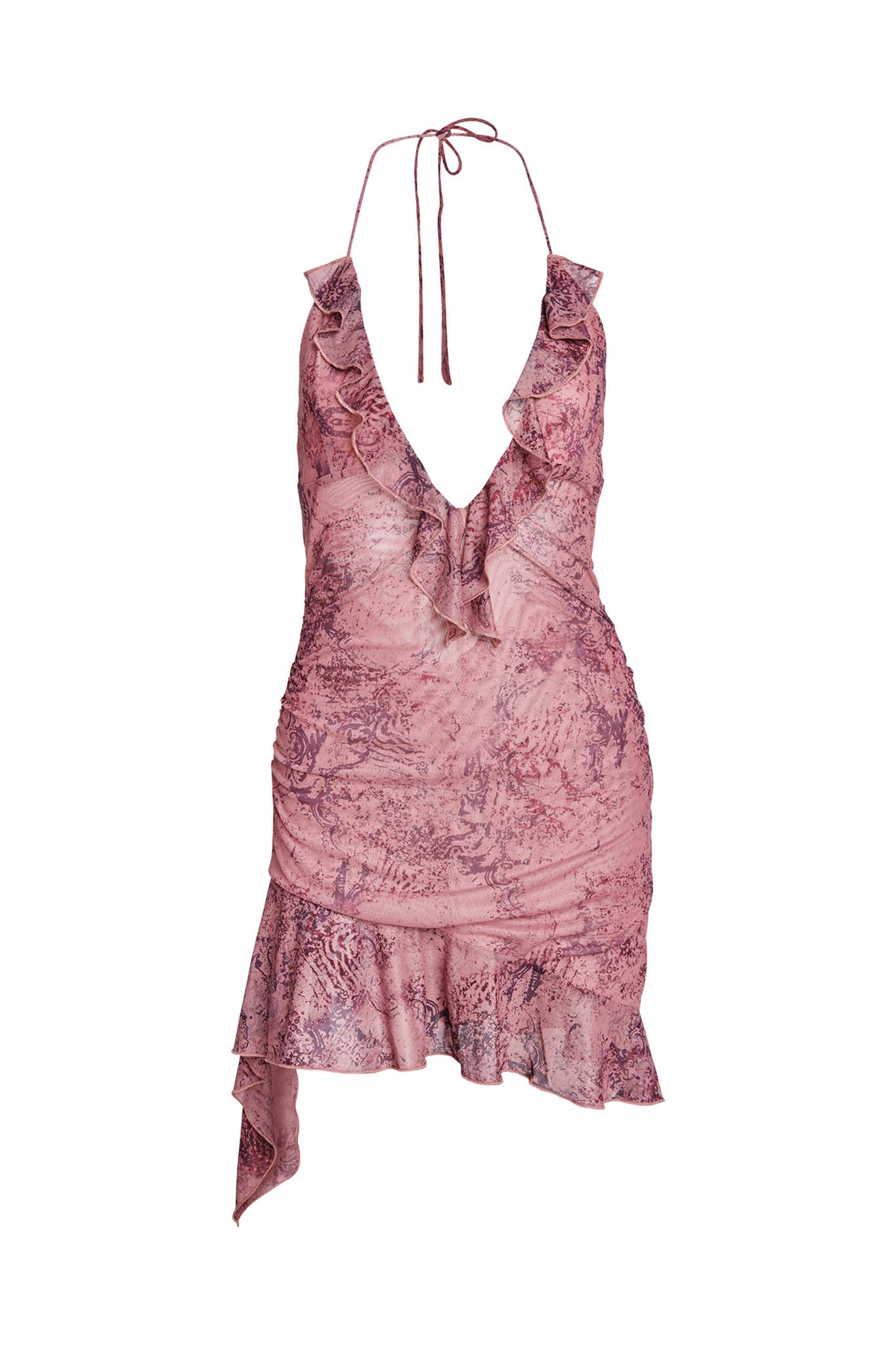The VIRA MINI DRESS - PINK : PAISLEY by I.AM.GIA is a sleeveless halter dress in pink and purple, featuring a deep V-neckline, ruffled trim, and an asymmetrical hemline. The dress showcases a delicate abstract paisley pattern throughout, with halter straps that tie at the neck. Made from lightweight and flowy fabric, it's perfect for any occasion.