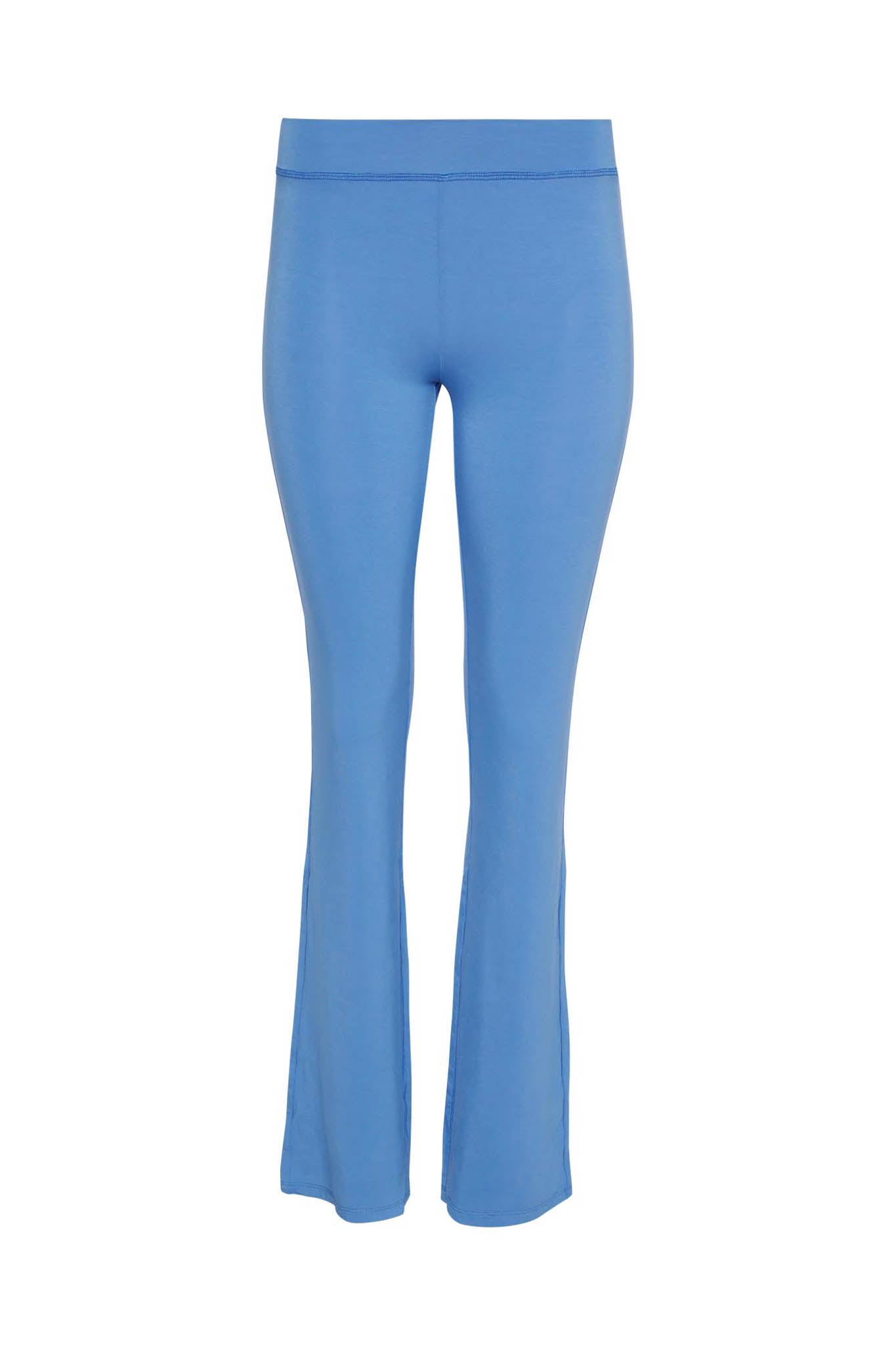 The BLARE TRACKPANT - BLUE from I.AM.GIA shown on a white background features a high-waisted, flared design. Form-fitting at the top and gently flaring out from the knee down, these pants are crafted from smooth, slightly stretchy fabric that offers a sleek and clean look.