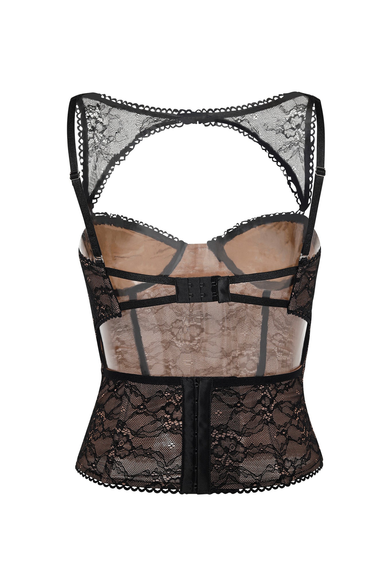 The KIANA BUSTIER - BLACK by I.AM.GIA features adjustable straps and underwire support, intricate floral lace patterns, and a sheer back panel with hook-and-eye closure. The design includes scalloped edge trim along the neckline and hem.