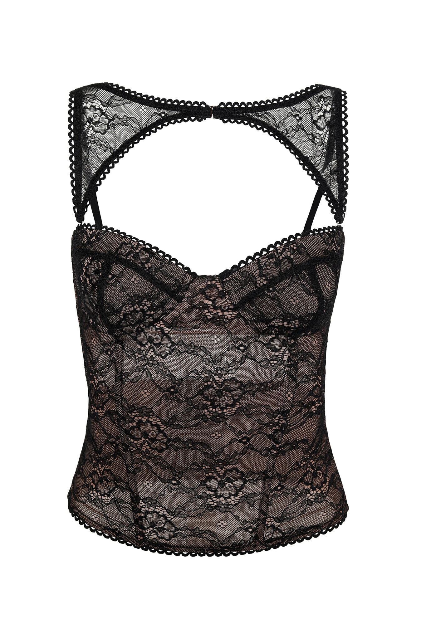 The KIANA BUSTIER - BLACK by I.AM.GIA is a stunning piece with intricate floral lace patterns. It showcases a sweetheart neckline, adjustable shoulder straps, and a semi-sheer design. The hemline is adorned with small scalloped lace details, adding an elegant and delicate touch.