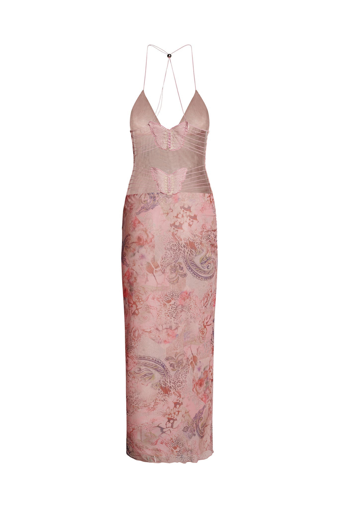 Introducing the ELLERY DRESS - PINK : FLORA PAISLEY by I.AM.GIA. This long, sleeveless dress showcases a delicate design with a blend of floral and paisley patterns in shades of pink and mauve. It features a deep V-neck front, thin spaghetti straps that cross at the back, and a fitted silhouette extending to just above the ankles.