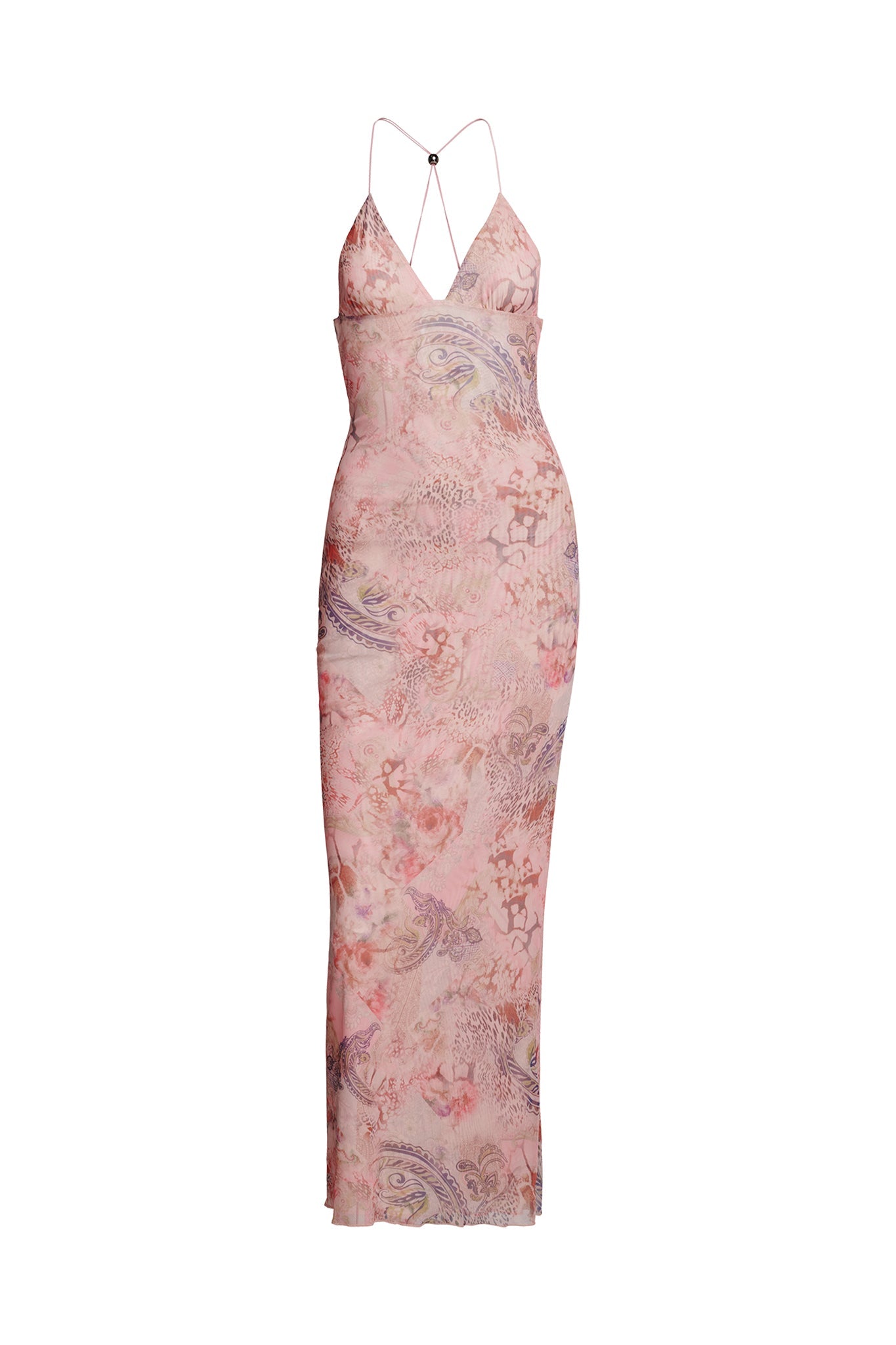 The ELLERY DRESS - PINK : FLORA PAISLEY by I.AM.GIA is a pink sleeveless dress featuring thin spaghetti straps. It boasts a fitted bodice and a floor-length skirt adorned with a soft, abstract floral pattern. The back showcases a deep V cut with criss-cross straps and a central back button detail.