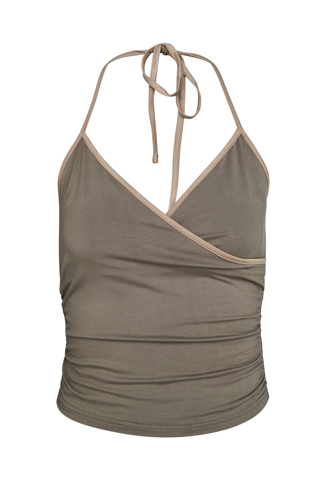 An I.AM.GIA JANNIS TANK in green, featuring a halter neck, wrap-style front, and side ruching. The top is designed with thin spaghetti straps that tie at the back of the neck.