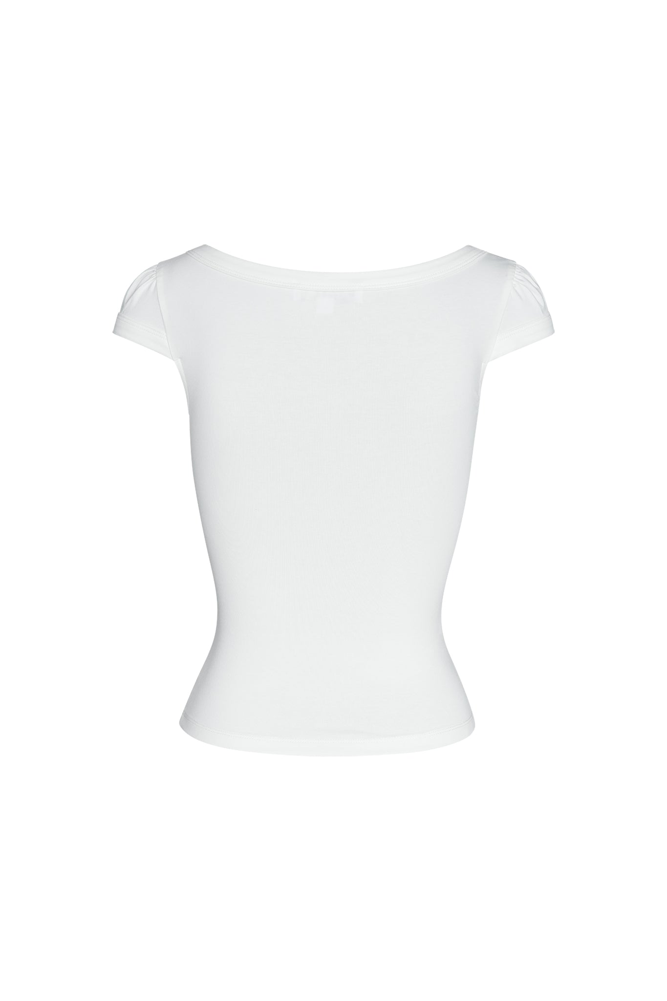 The GIULIA TEE - WHITE by I.AM.GIA, a plain white, short-sleeved women's t-shirt with a fitted design, is displayed. The image shows the back view of the shirt, highlighting its simple and elegant style. The fabric appears to be smooth and slightly stretchy, with a wide neckline.
