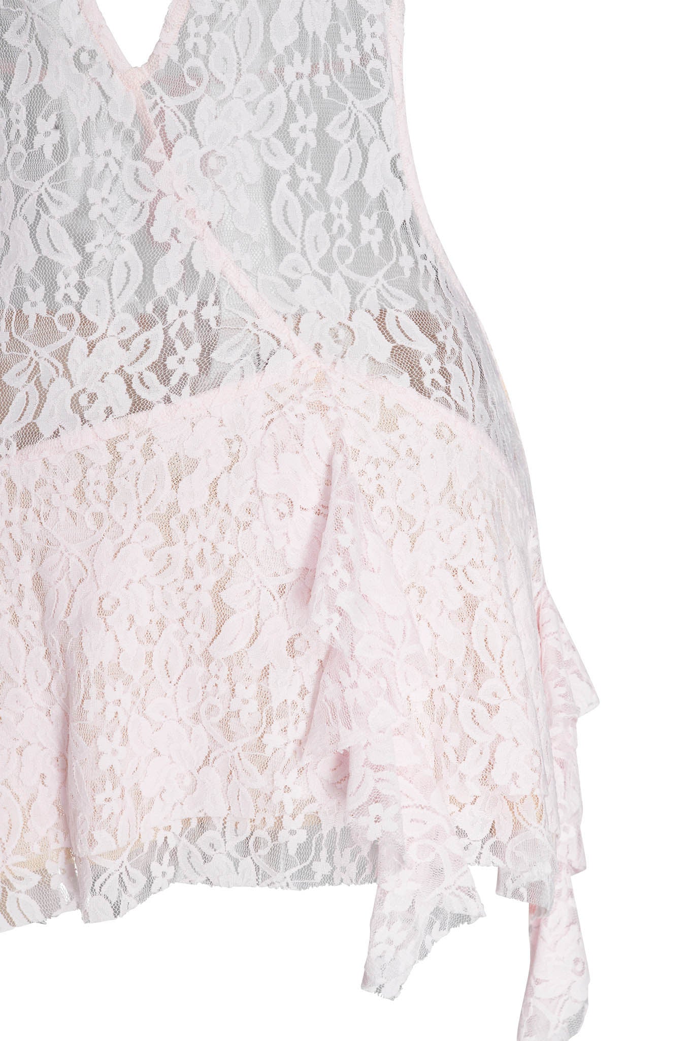Close-up image of the IRISIA LACE DRESS - PINK by I.AM.GIA, showcasing its delicate baby pink lace adorned with floral patterns and intricate detailing. The fabric appears soft and sheer, enhanced by an asymmetrical ruffle hem that adds texture to the piece.