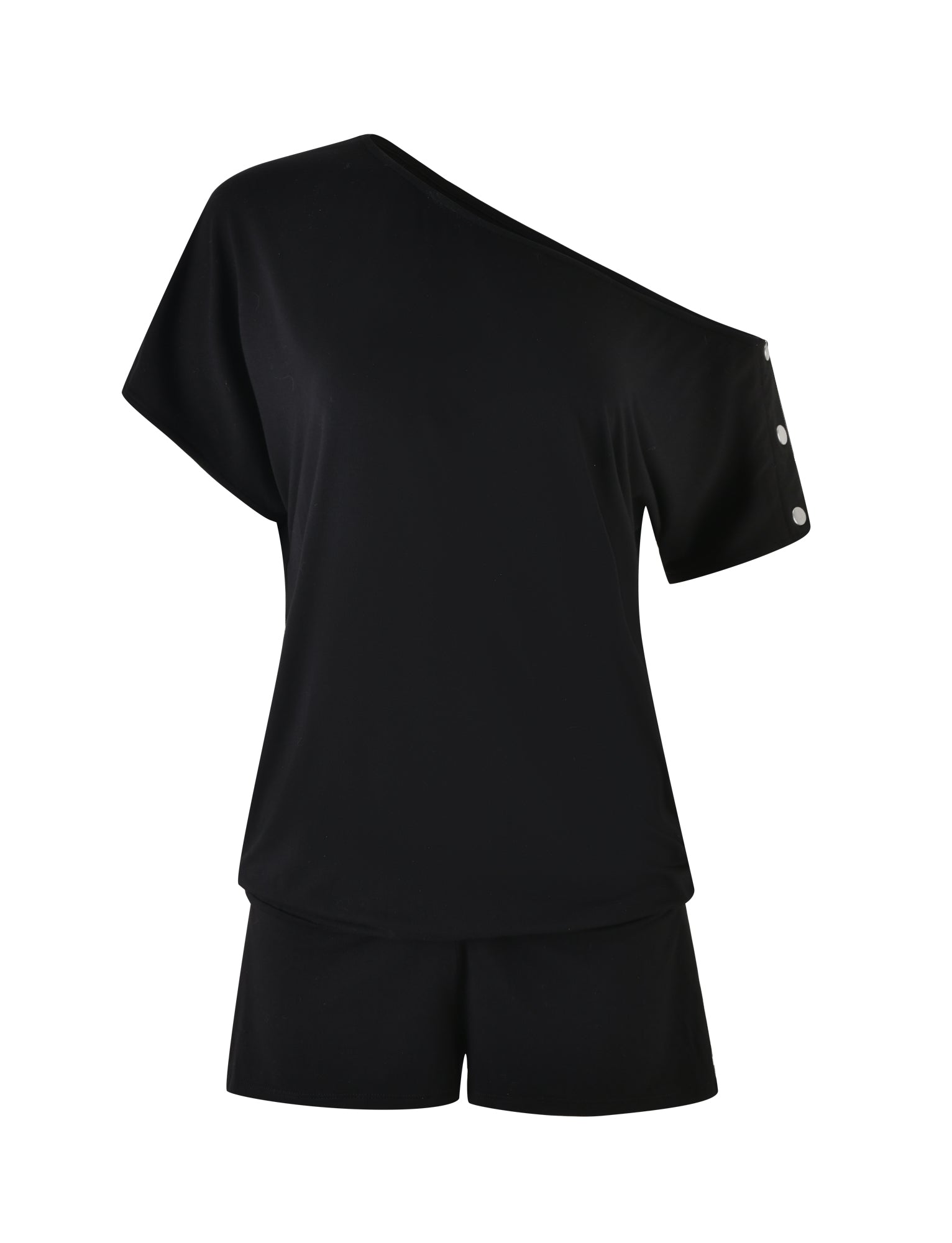 The EZIA ROMPER in black from I.AM.GIA features an asymmetrical one-shoulder design with button details on the short sleeve, accompanied by matching black shorts. Made from a comfortable and likely stretchy fabric, it’s perfect for casual wear.