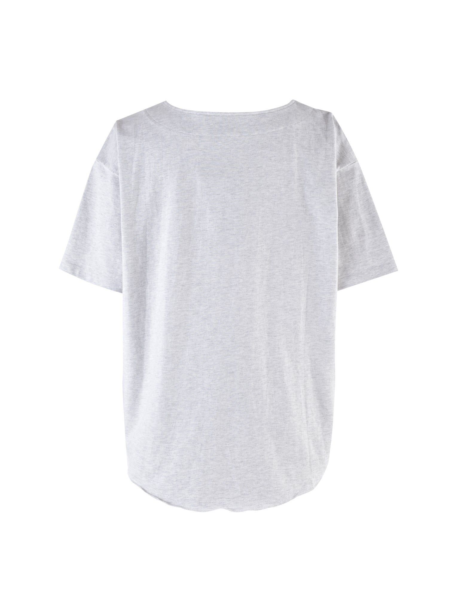 A plain, light grey "LORRI JERSEY - GREY" T-shirt from I.AM.GIA with short sleeves and a round neckline is displayed against a white background. The T-shirt appears to be laid flat, showcasing its slightly curved hem at the bottom.