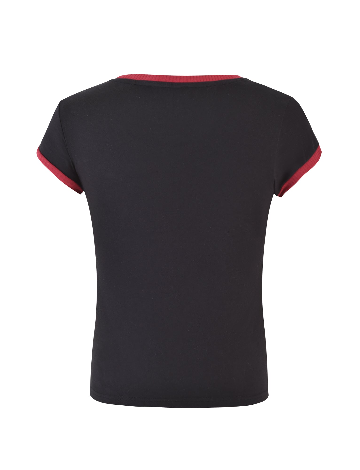 A DORA TOP - BLACK short-sleeve t-shirt from I.AM.GIA featuring red trim around the sleeves and neckline. The back of the t-shirt is displayed against a white background.