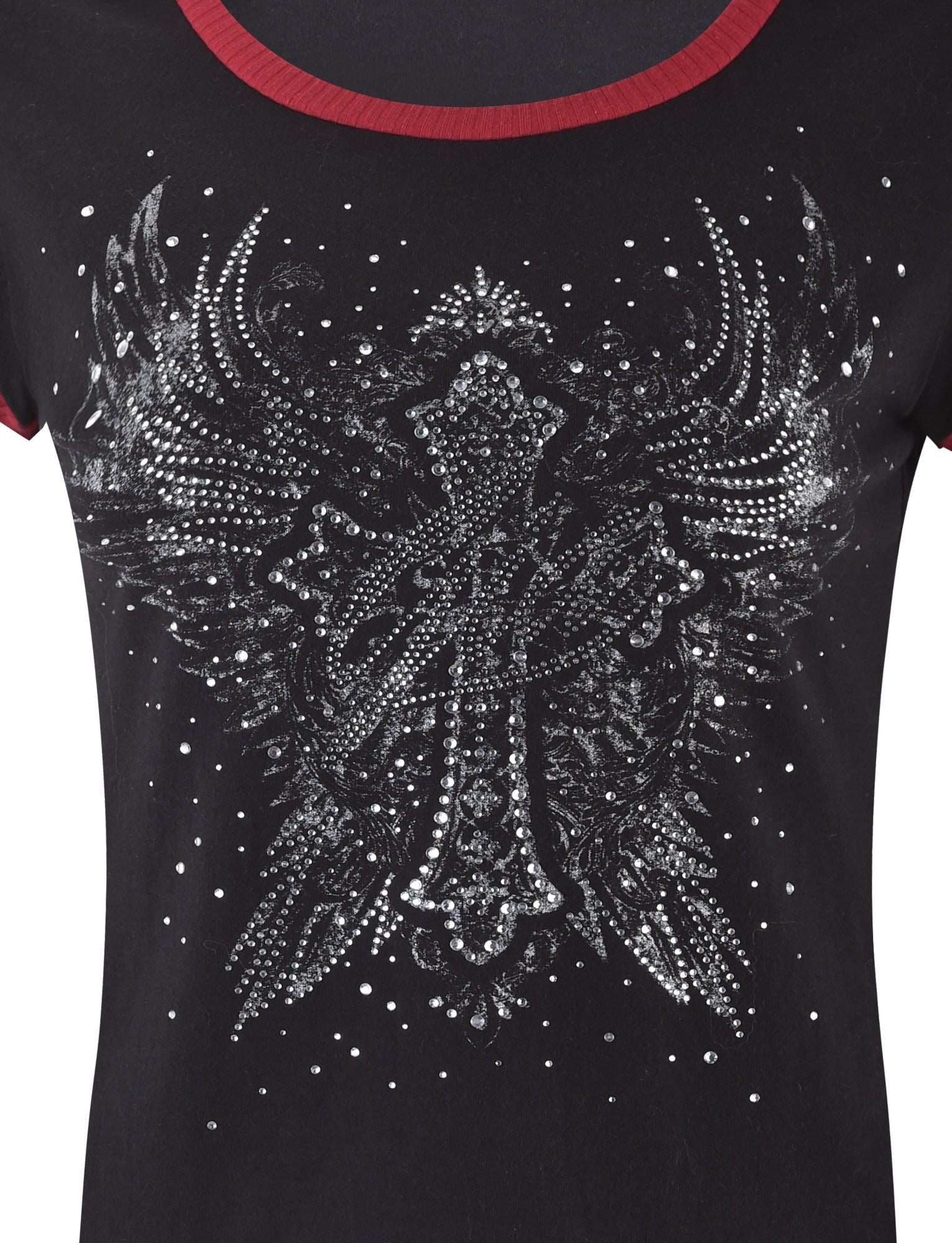 The DORA TOP - BLACK by I.AM.GIA is a black t-shirt with red trim on the neckline and sleeves, featuring an intricate design of wings and abstract shapes adorned with sparkling rhinestones on the chest. Additional small rhinestones are scattered around the main design for extra sparkle.