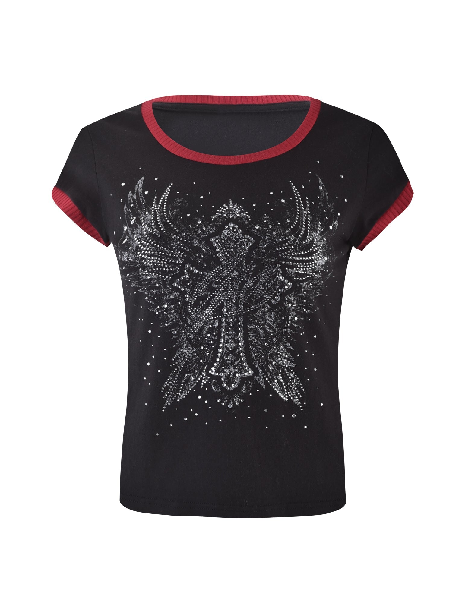 Introducing the DORA TOP - BLACK from I.AM.GIA: a stunning T-shirt showcasing a meticulously detailed, symmetrical eagle with outstretched wings on the front, adorned with numerous small silver studs. The shirt is accentuated by red trim on the collar and sleeves.