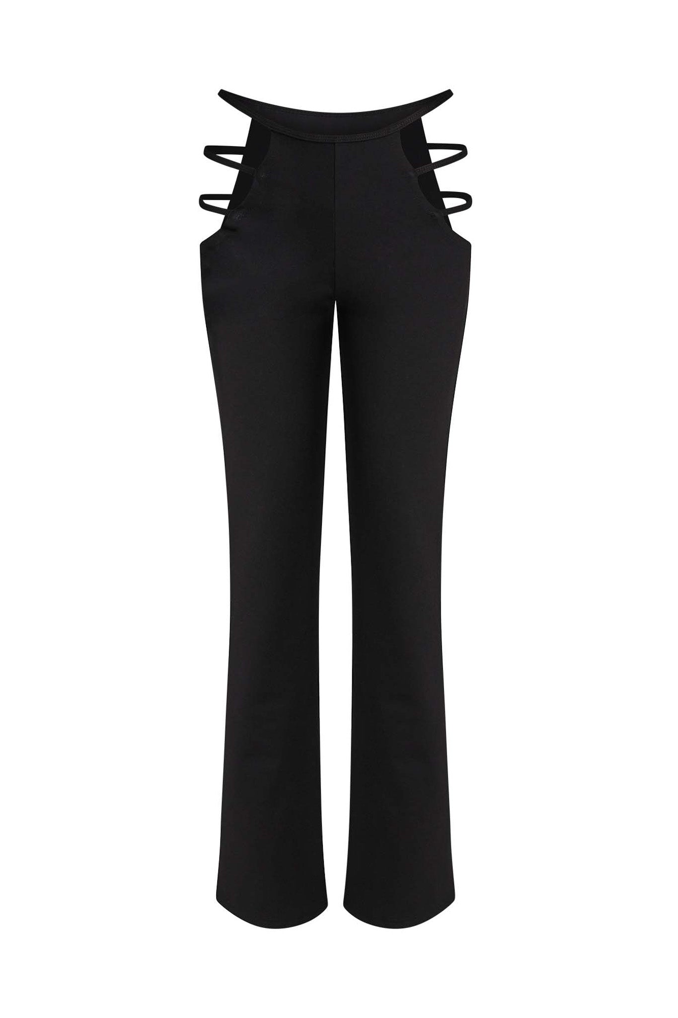 The LUCID PANT - BLACK from I.AM.GIA features a high-waisted design with cut-out side detailing and three horizontal straps on each side near the waist. With its wide legs, this sleek and modern silhouette offers a stylish and contemporary look.
