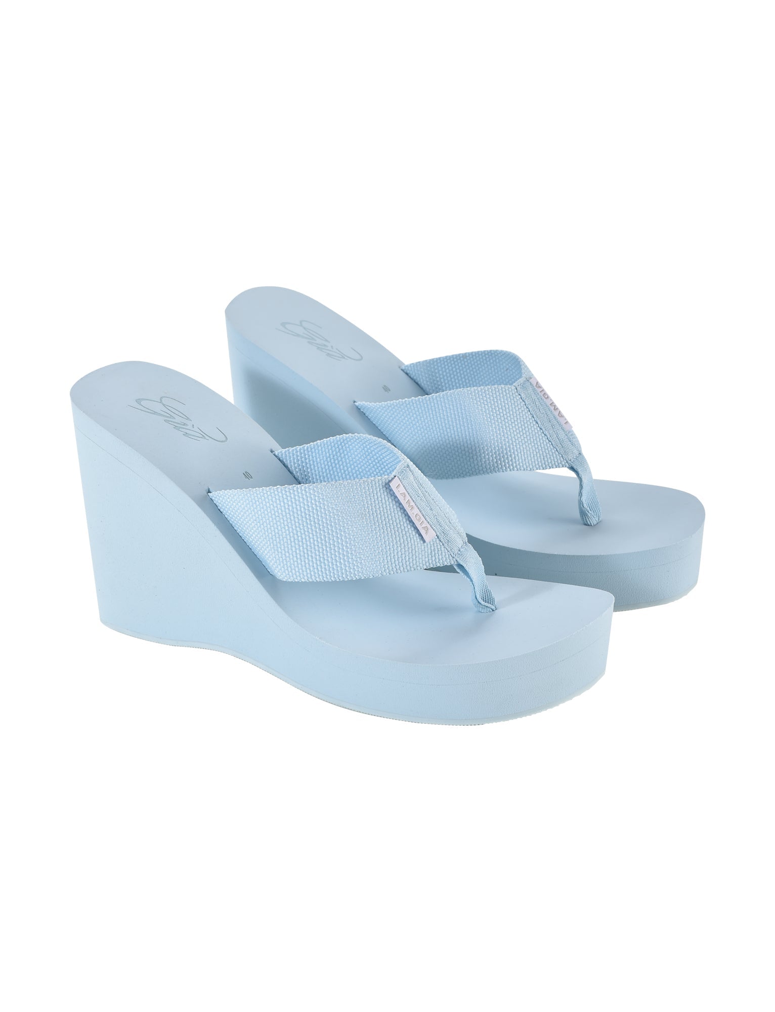 Introducing the SHELBY FLIP FLOP - BLUE : BABY BLUE from I.AM.GIA. These light blue wedge flip-flops feature thick fabric straps, a solid platform heel, and an open-toe design. With their simple and casual look, they are perfect for summer wear.