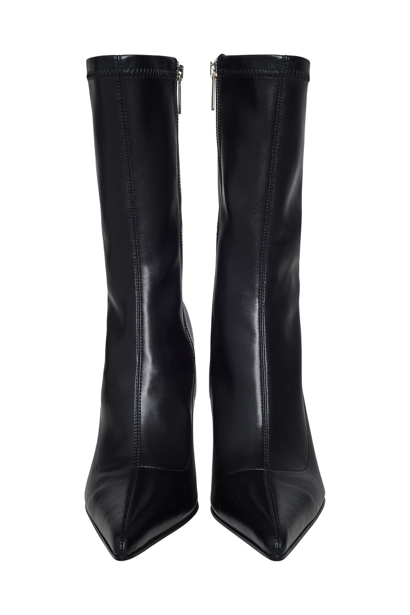 The YANA BOOT - BLACK by I.AM.GIA is a pair of pointed-toe, mid-calf boots made of smooth leather. These sleek and modern boots feature vertical seam details and functional zippers on the inner sides, extending from the top to the ankle, offering an elegant appearance.