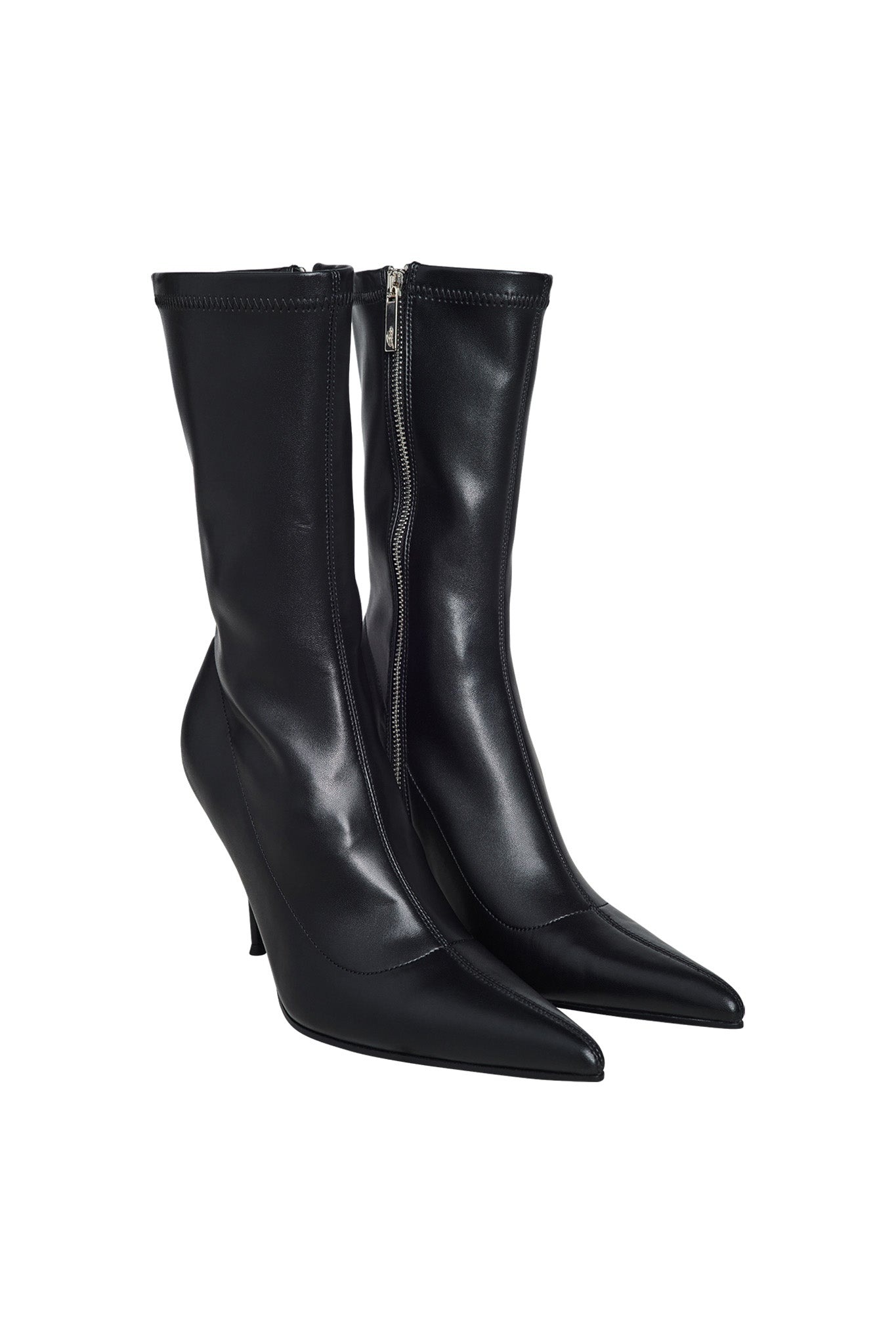 The YANA BOOT - BLACK from I.AM.GIA are a pair of sleek, black, mid-calf leather boots with pointed toes and stiletto heels. They feature side zippers for closure and a smooth, polished finish.