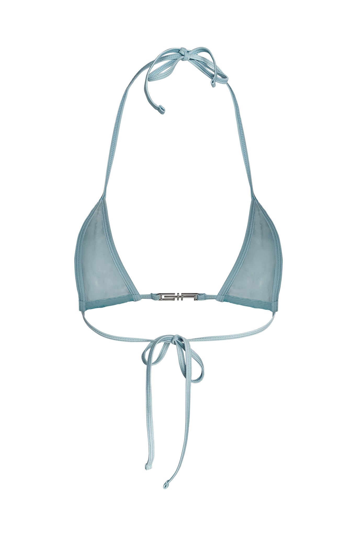 The ALOHI BIKINI TOP - BLUE by I.AM.GIA features light blue, triangular cups and thin adjustable straps, with ties at the neck and back for fastening.