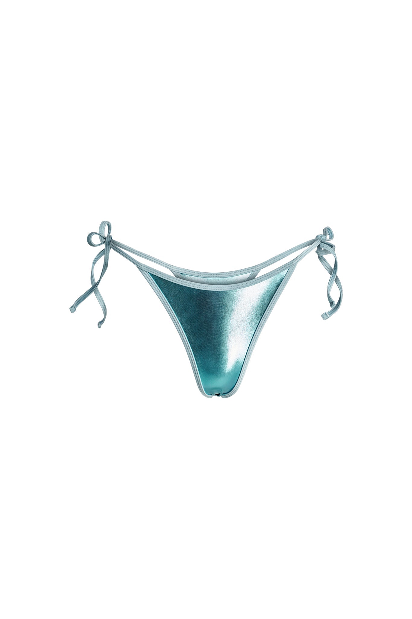 The image shows a pair of I.AM.GIA ALOHI bikini bottoms in blue, featuring side ties. The bottoms have a shiny, reflective surface and are designed to be tied at the sides for an adjustable fit.