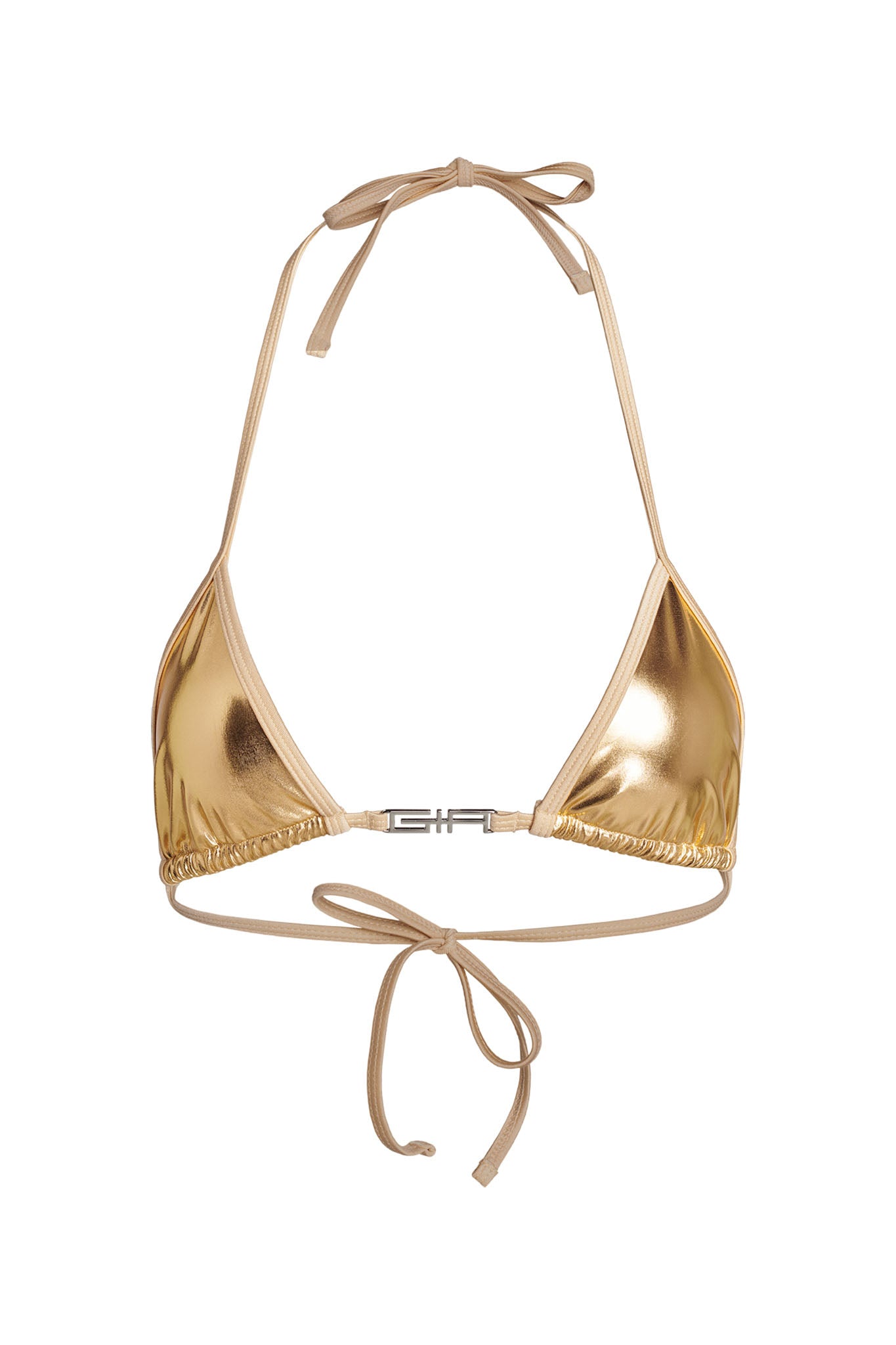The ALOHI BIKINI TOP - GOLD by I.AM.GIA is a metallic gold triangle bikini top with thin beige straps. It ties at the neck and back with adjustable strings, featuring a small metallic clasp in the center of the chest for added detail.