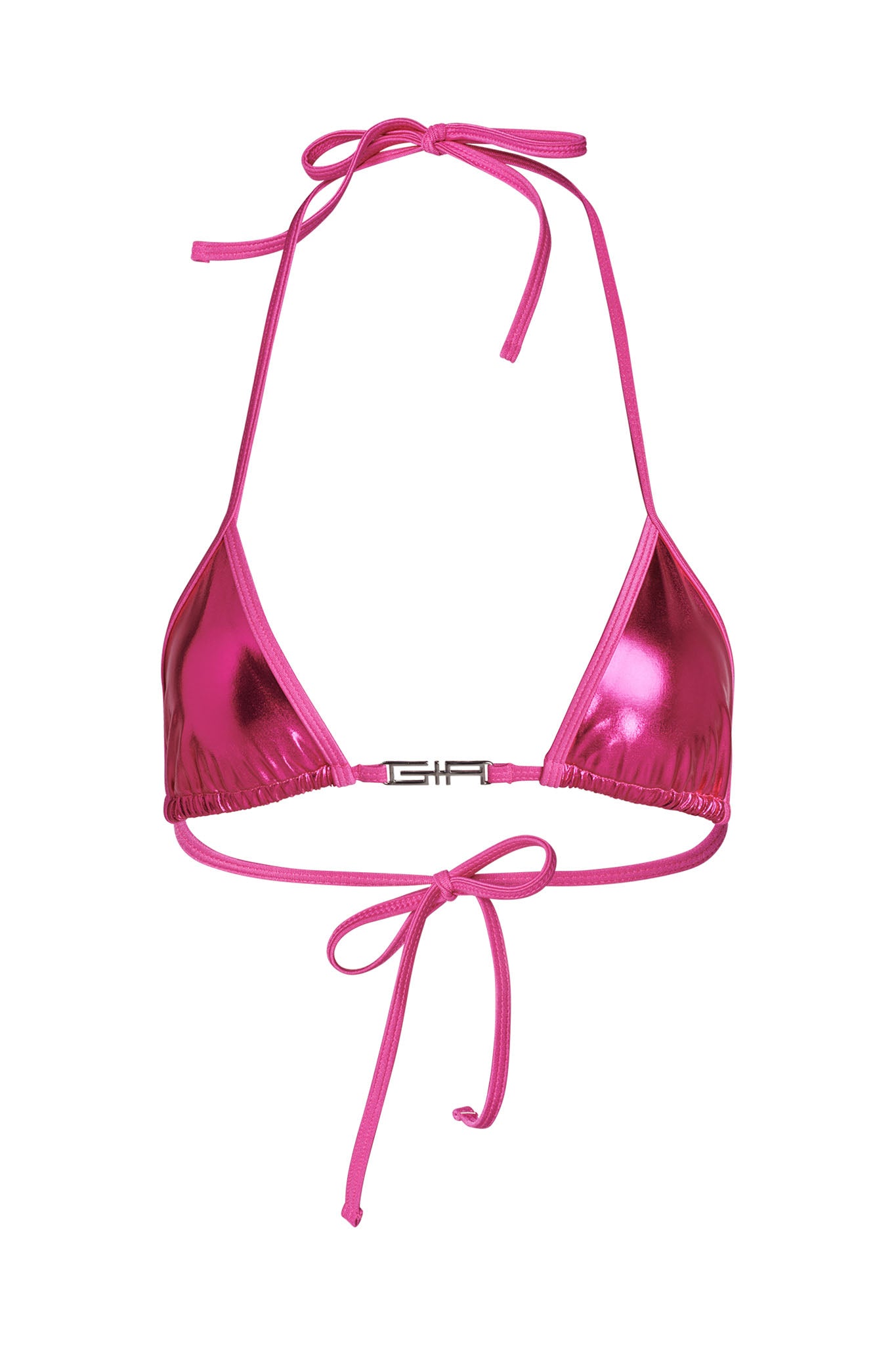 The ALOHI BIKINI TOP in hot pink by I.AM.GIA flaunts a halter neck and back ties, complete with triangular cups and a petite metallic clasp at the center of the chest band.