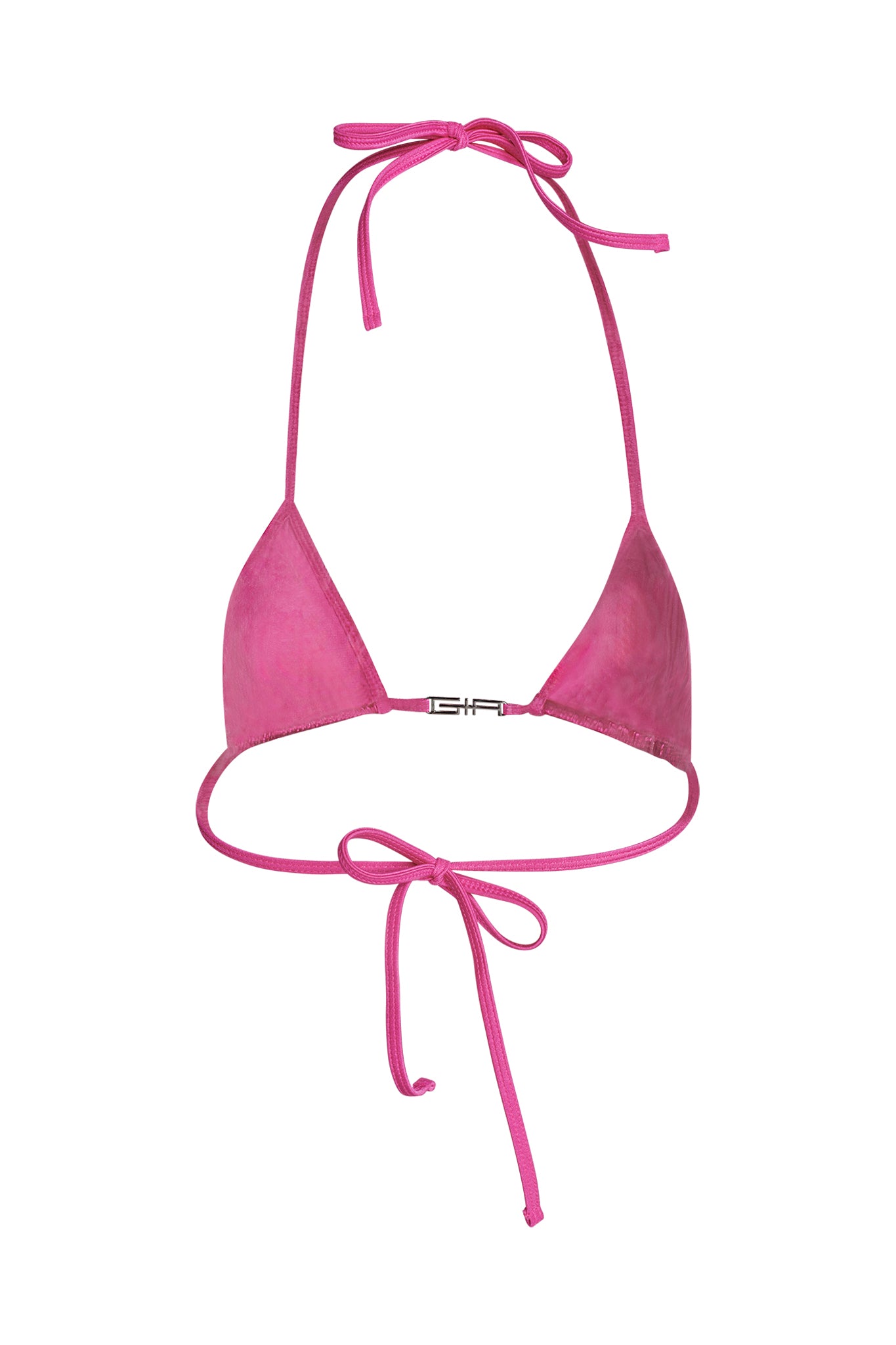 The I.AM.GIA ALOHI Bikini Top in hot pink features thin straps that tie behind the neck and back. The top has triangle cups and a sleek, simple design.