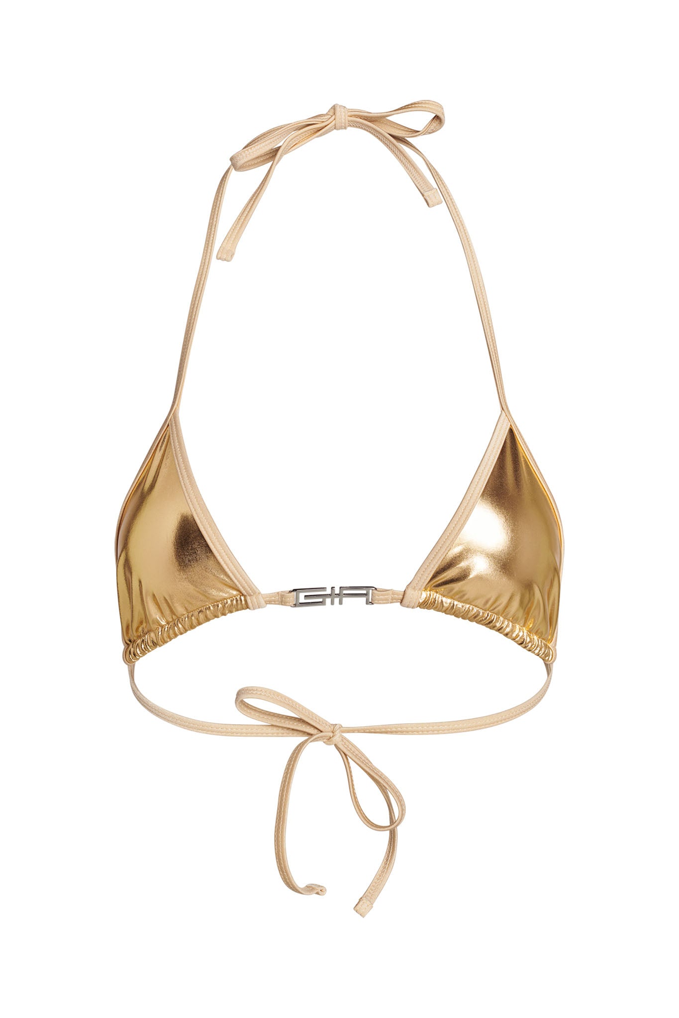 This image features the I.AM.GIA ALOHI BIKINI TOP in gold with a halter neck tie and a back tie. The triangular cups have a shiny finish, accented by a small silver clasp in the center of the bust band.