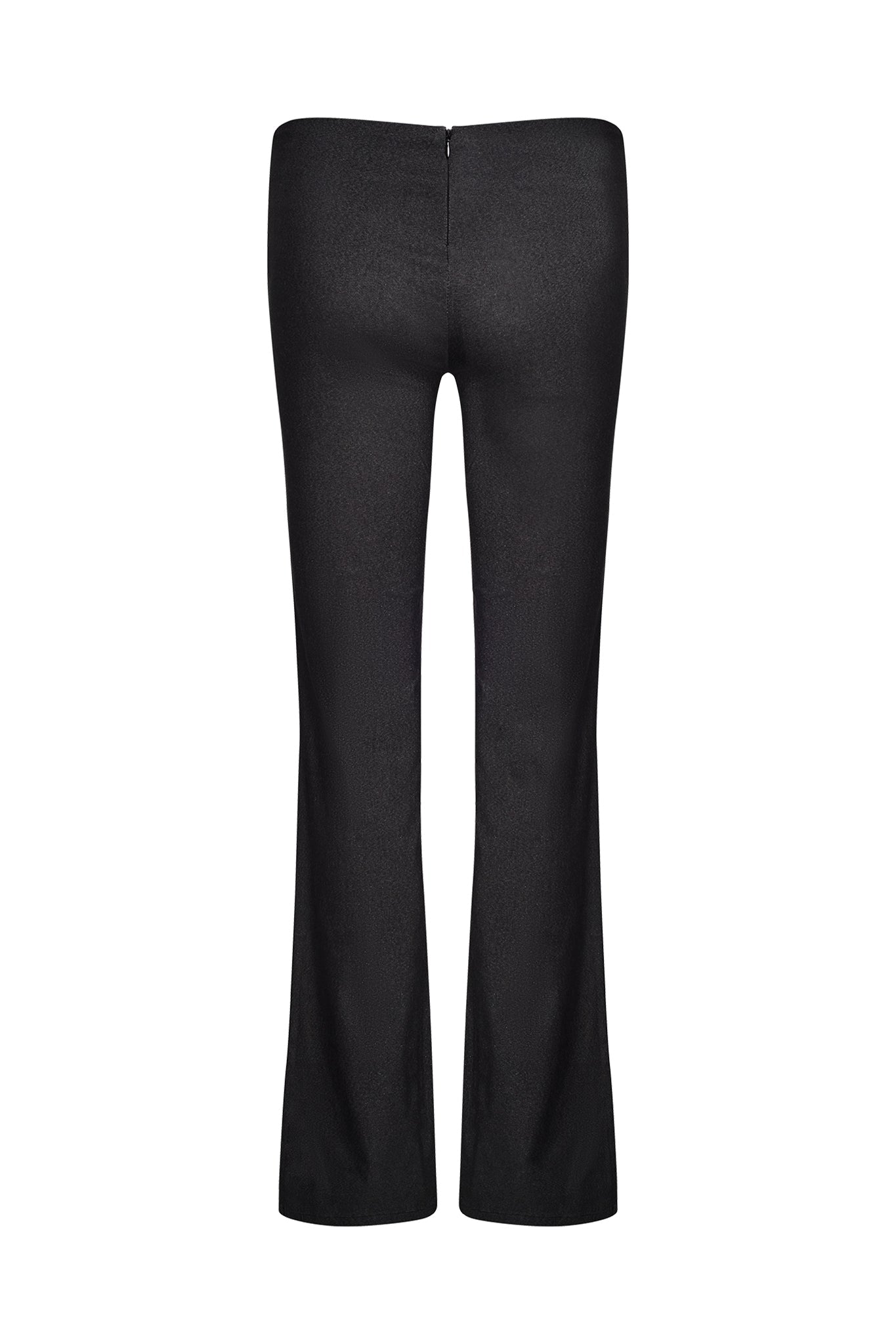 The image showcases the SHARAH PANT in grey from I.AM.GIA viewed from the back. These trousers feature a sleek, straight-leg design and a zipper closure at the top center of the back. The material appears to be smooth, possibly polyester or a similar blend.