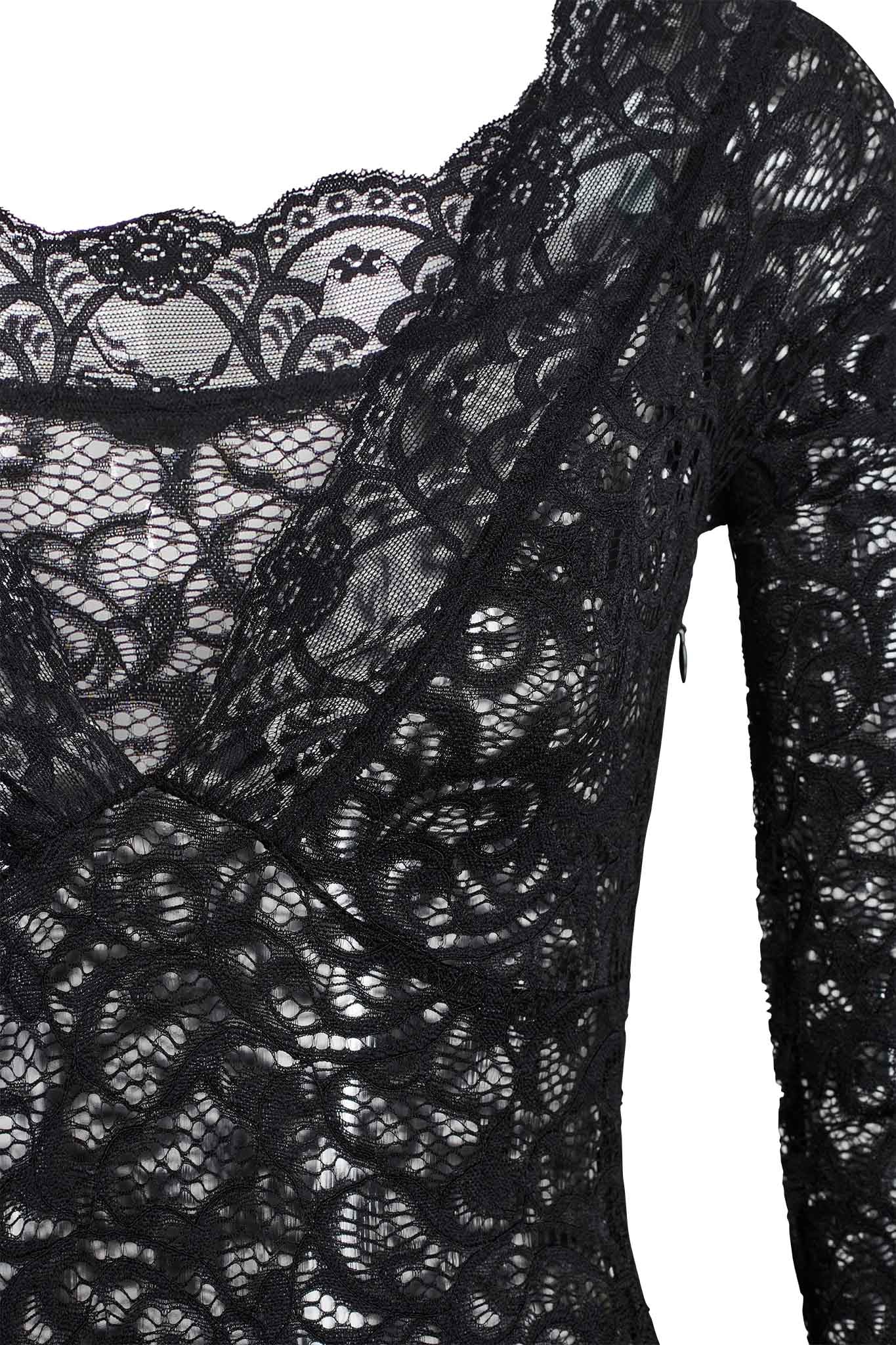 Close-up of the I.AM.GIA GEMMA CATSUIT - BLACK, showcasing its intricate floral lace patterns. The catsuit features a deep neckline and long sleeves, with the transparent lace material offering a glimpse of an underlying layer.