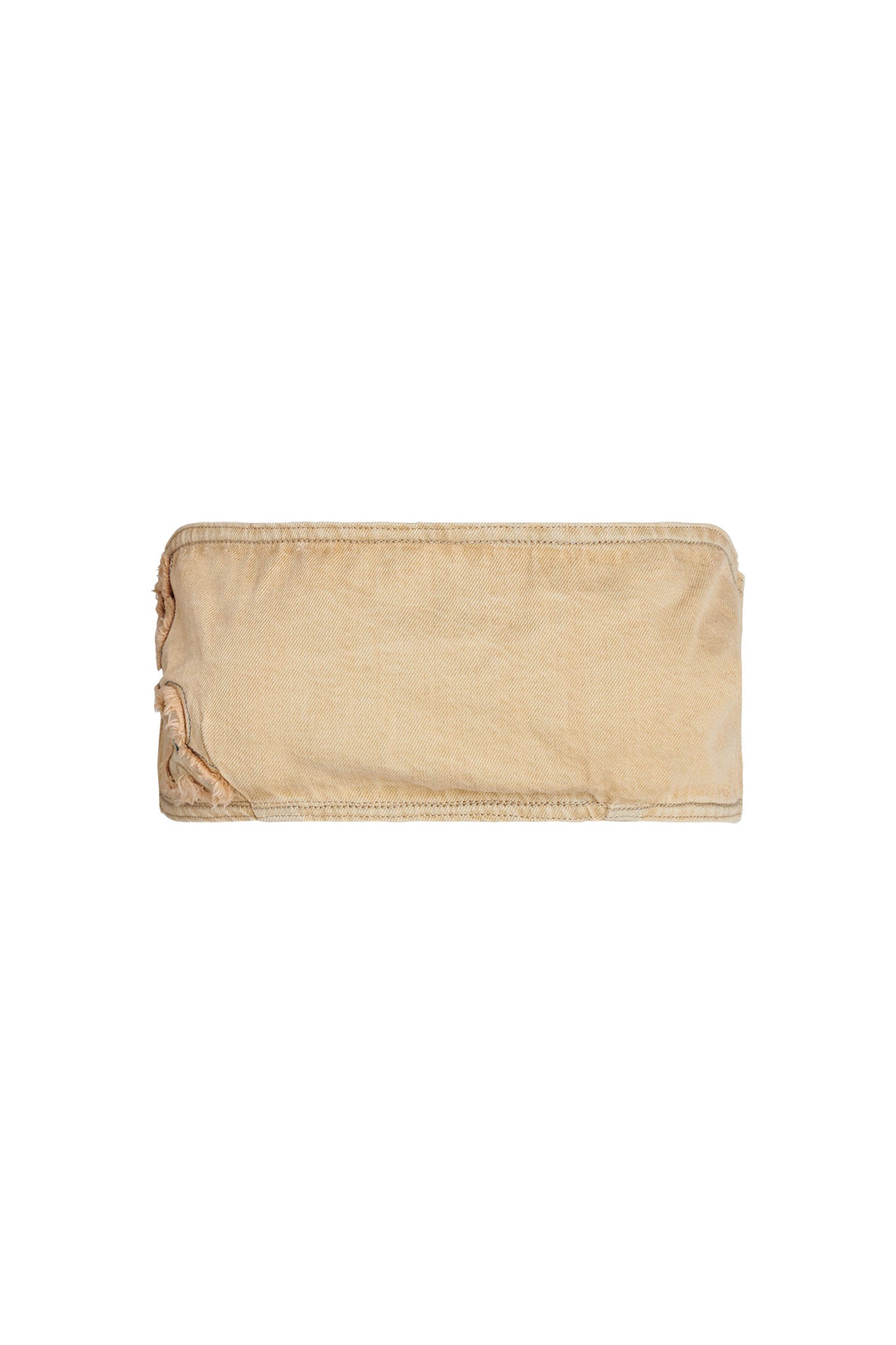 A rectangular tan denim fabric pouch with a top zipper closure featuring the I.AM.GIA logo. The pouch shows slight wear with fraying on one corner. The surface is smooth and plain, likely made of durable material such as canvas or cotton.